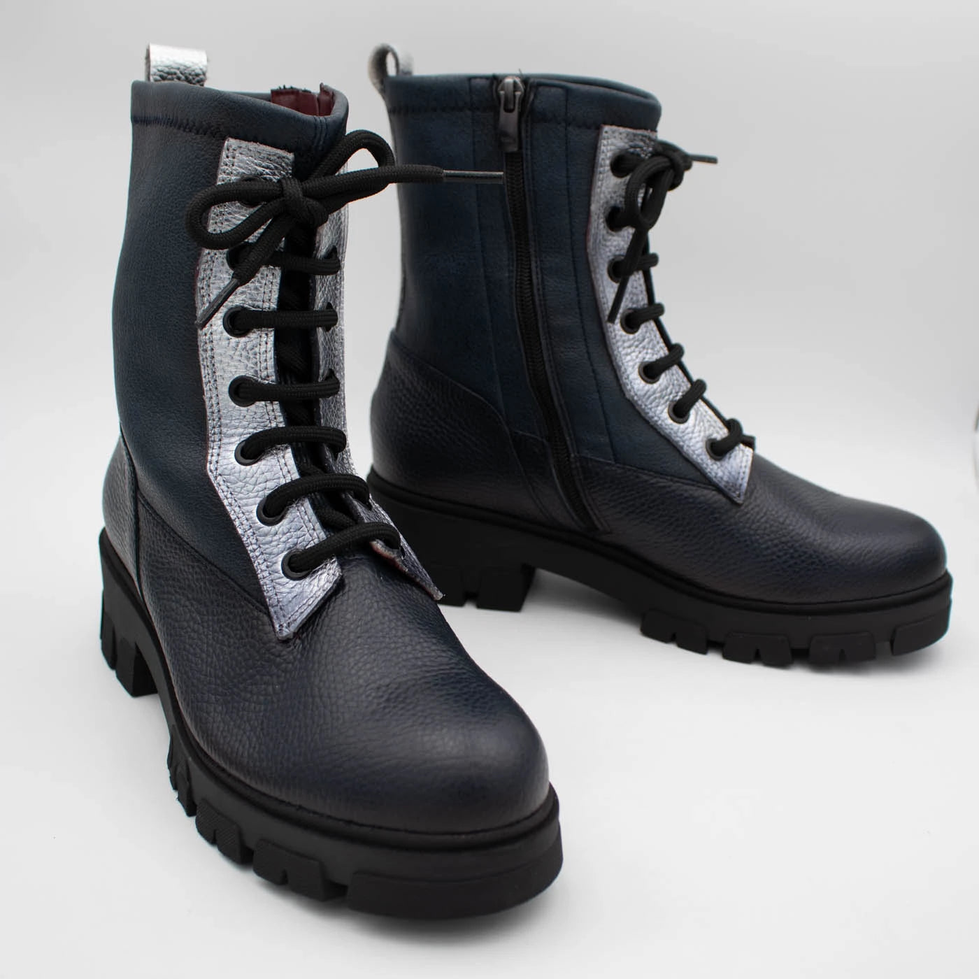 Jose Saenz Noelia Navy & Silver Leather Lace-Up Boots