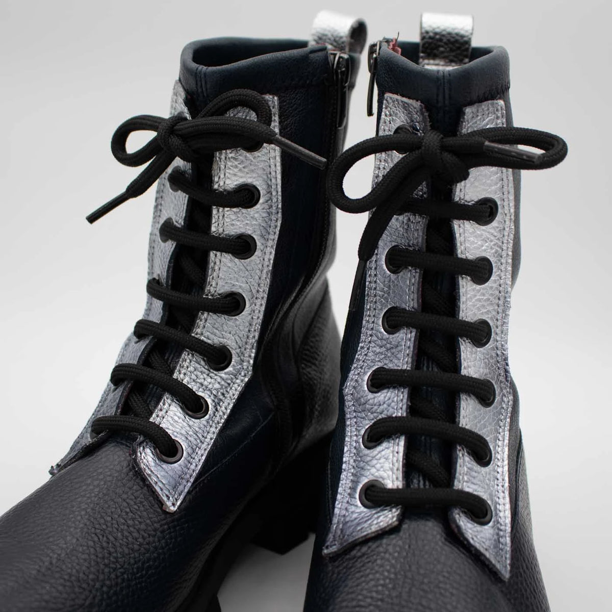 Jose Saenz Noelia Navy & Silver Leather Lace-Up Boots
