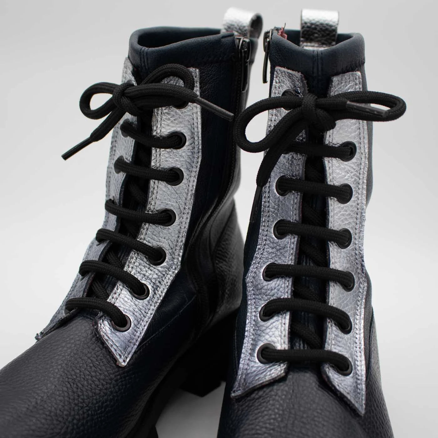 Jose Saenz Noelia Navy & Silver Leather Lace-Up Boots