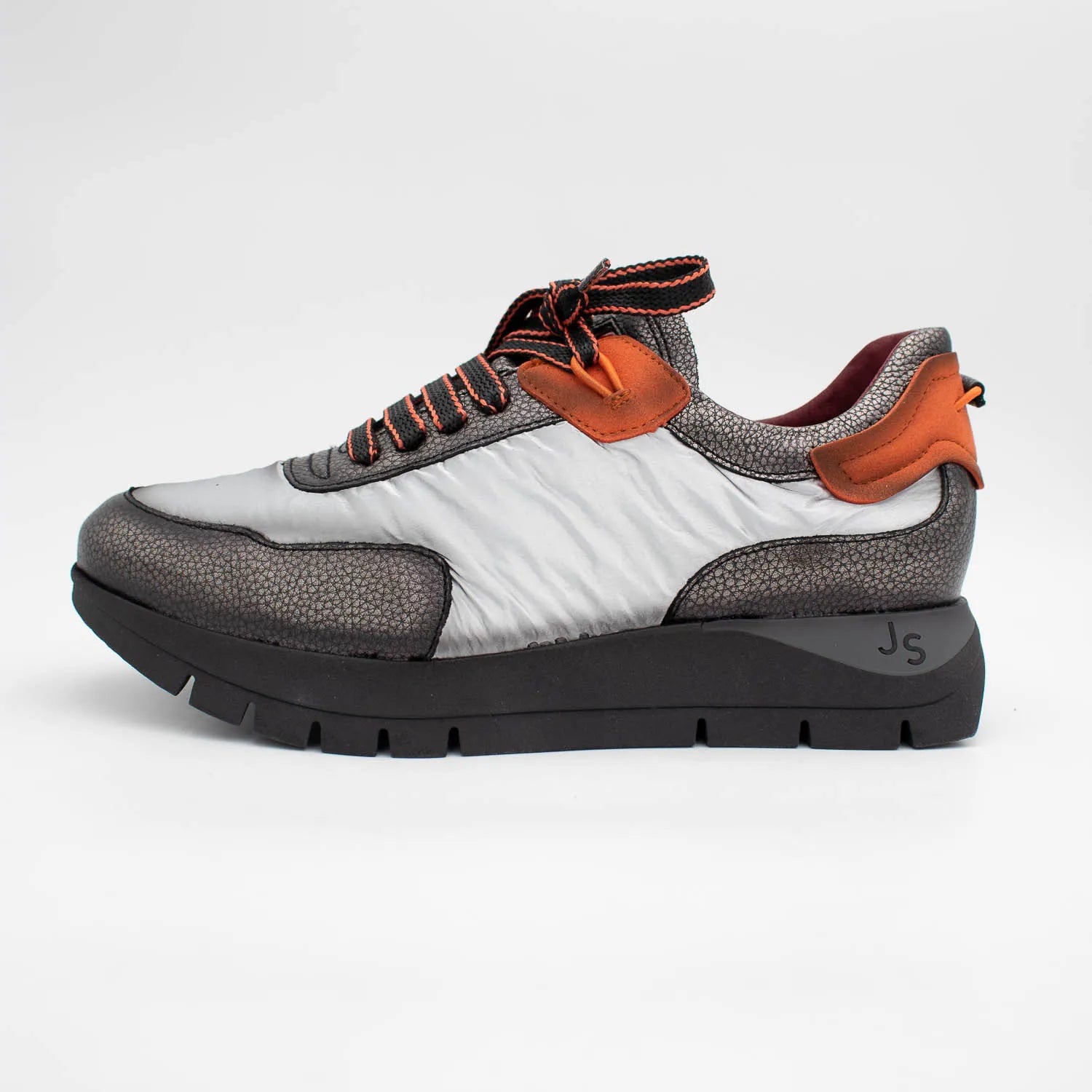 Jose Saenz Platinum & Gunmetal Platform Trainers with Orange Trim
