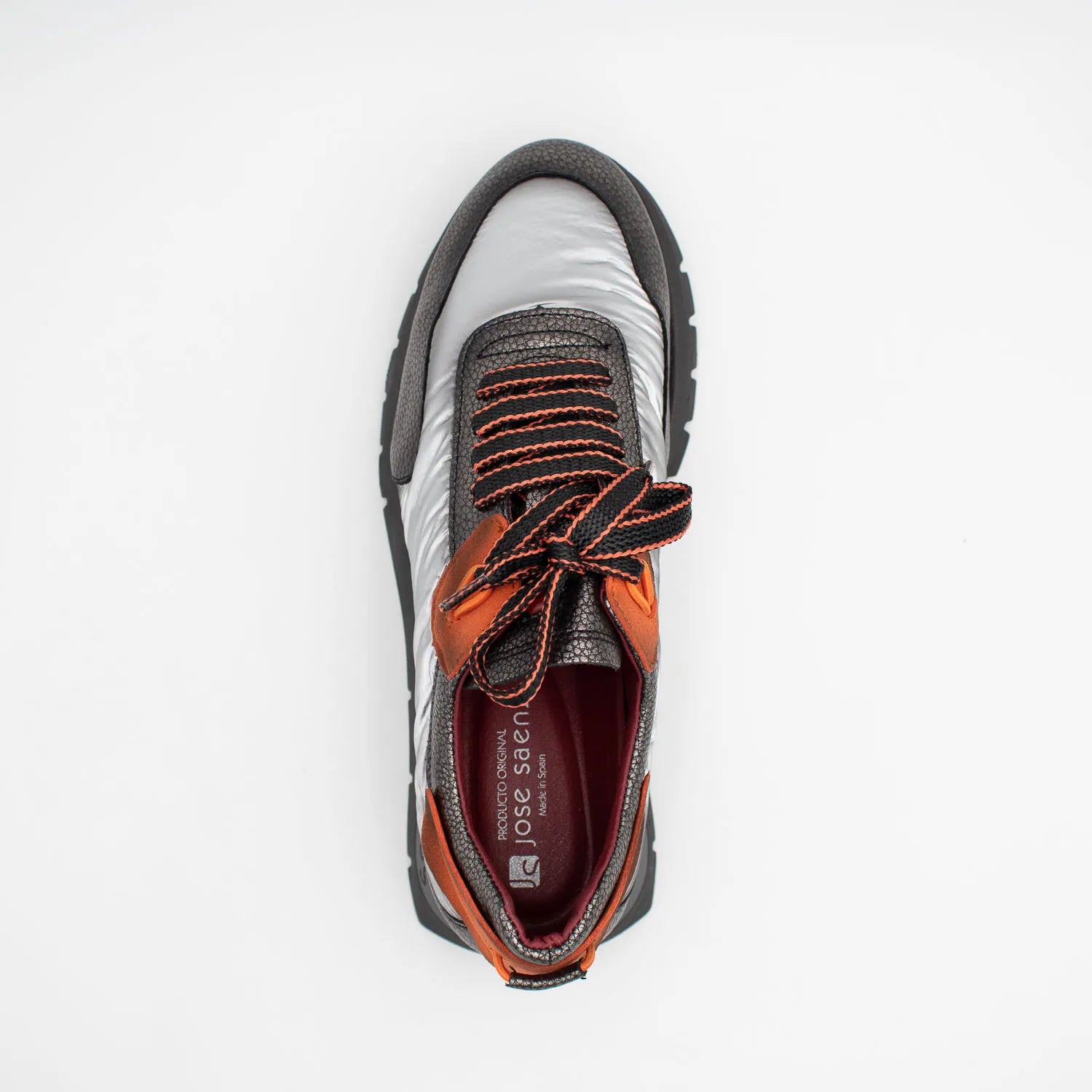Jose Saenz Platinum & Gunmetal Platform Trainers with Orange Trim