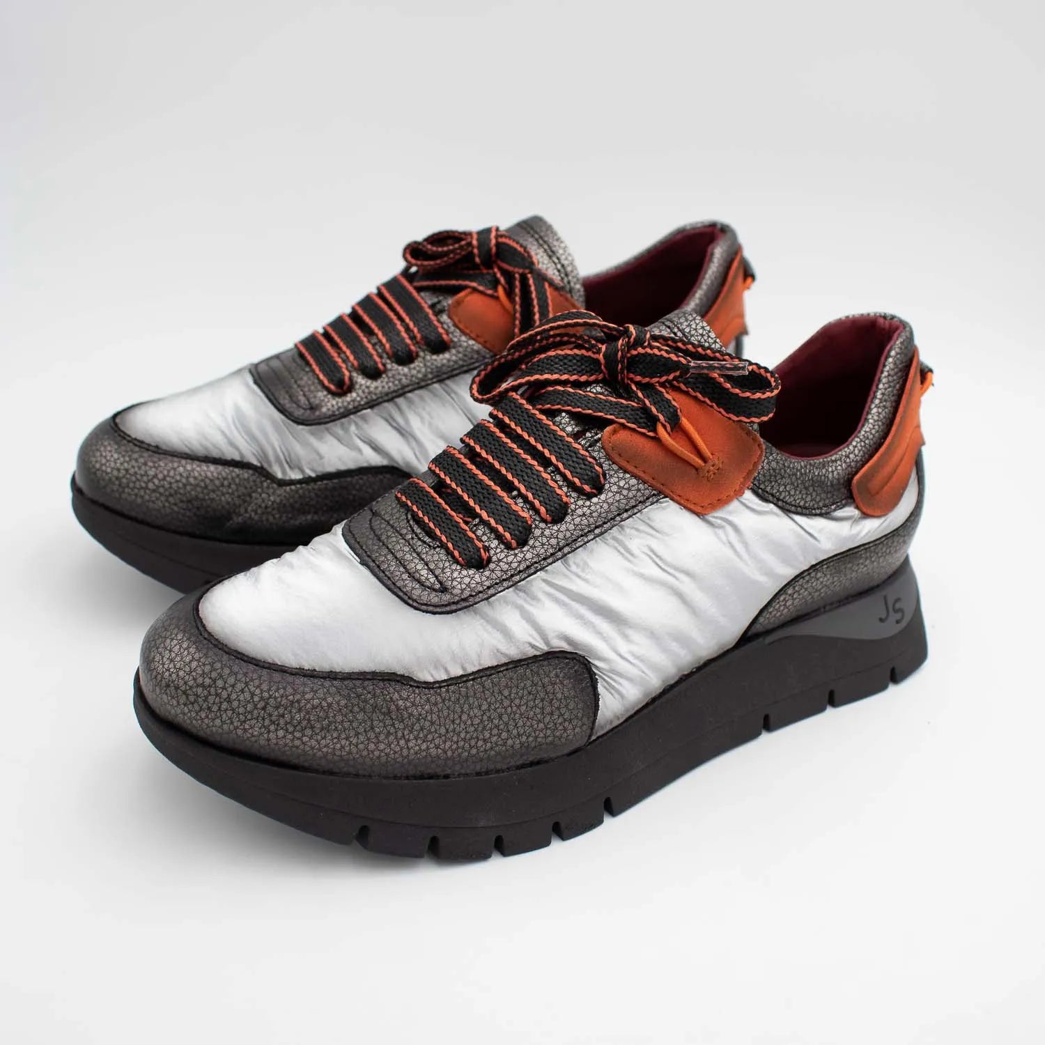 Jose Saenz Platinum & Gunmetal Platform Trainers with Orange Trim