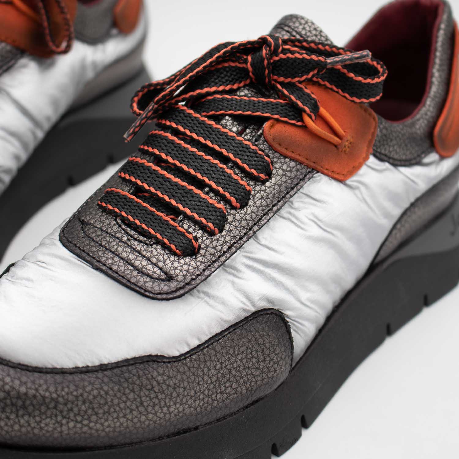 Jose Saenz Platinum & Gunmetal Platform Trainers with Orange Trim - Leavys Shoes