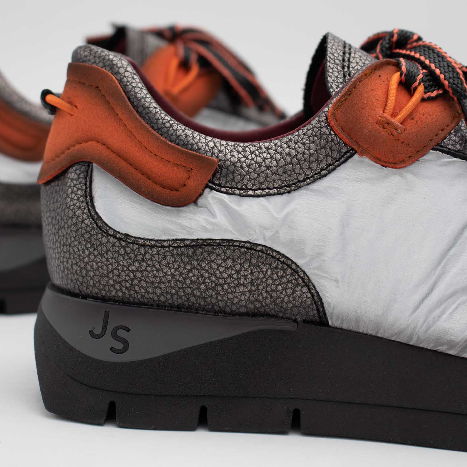 Jose Saenz Platinum & Gunmetal Platform Trainers with Orange Trim