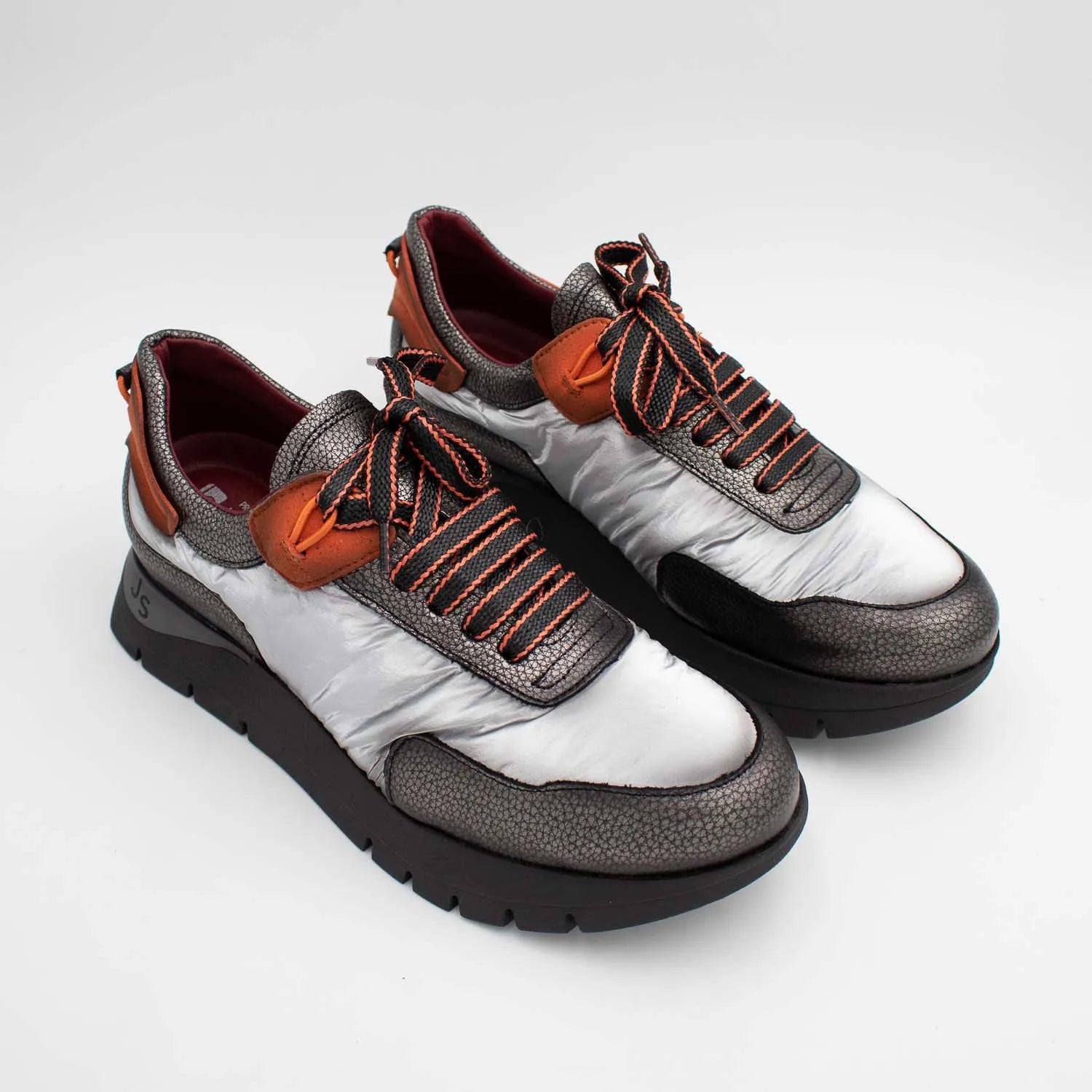 Jose Saenz Platinum & Gunmetal Platform Trainers with Orange Trim