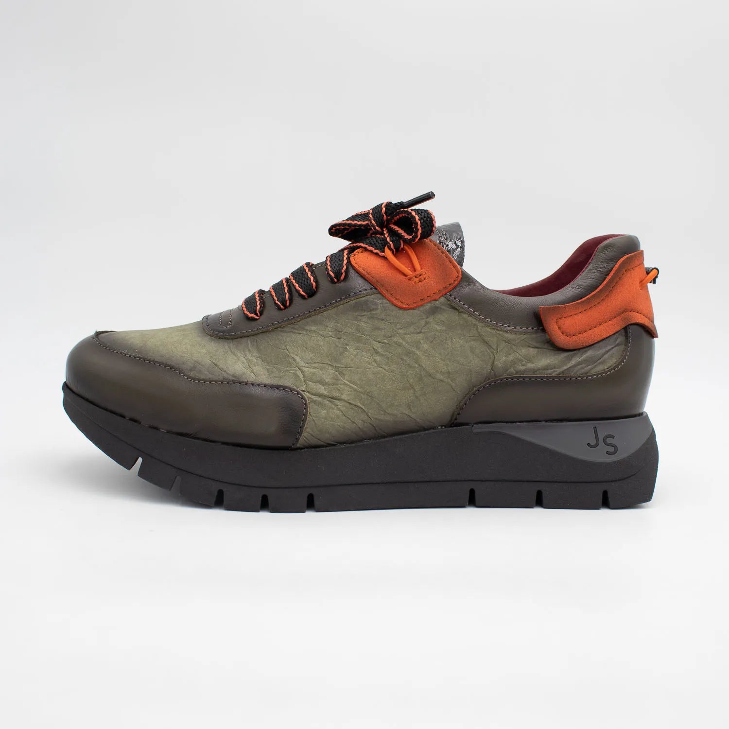 Jose Saenz Khaki Leather Platform Trainers with Orange Trim