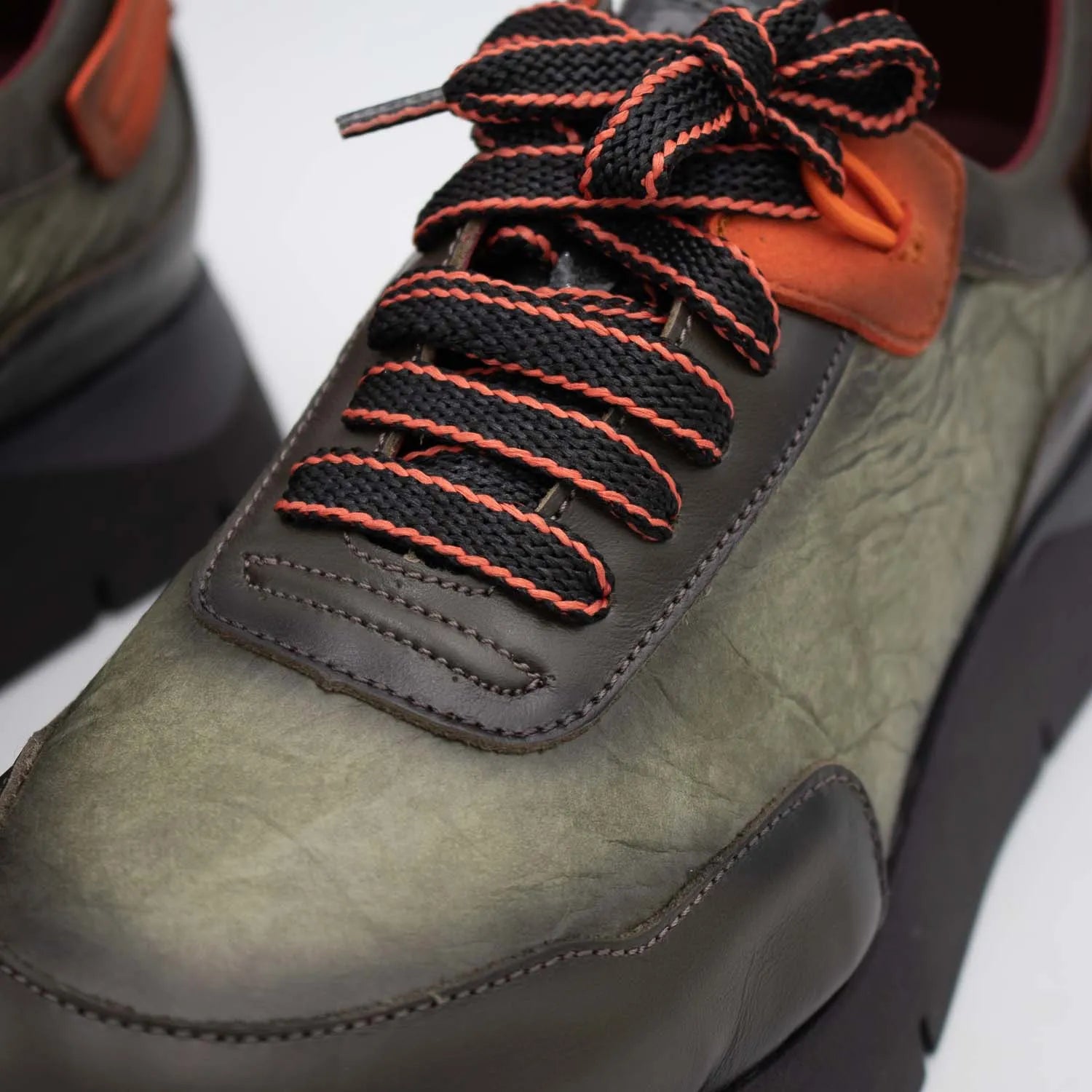 Jose Saenz Khaki Leather Platform Trainers with Orange Trim