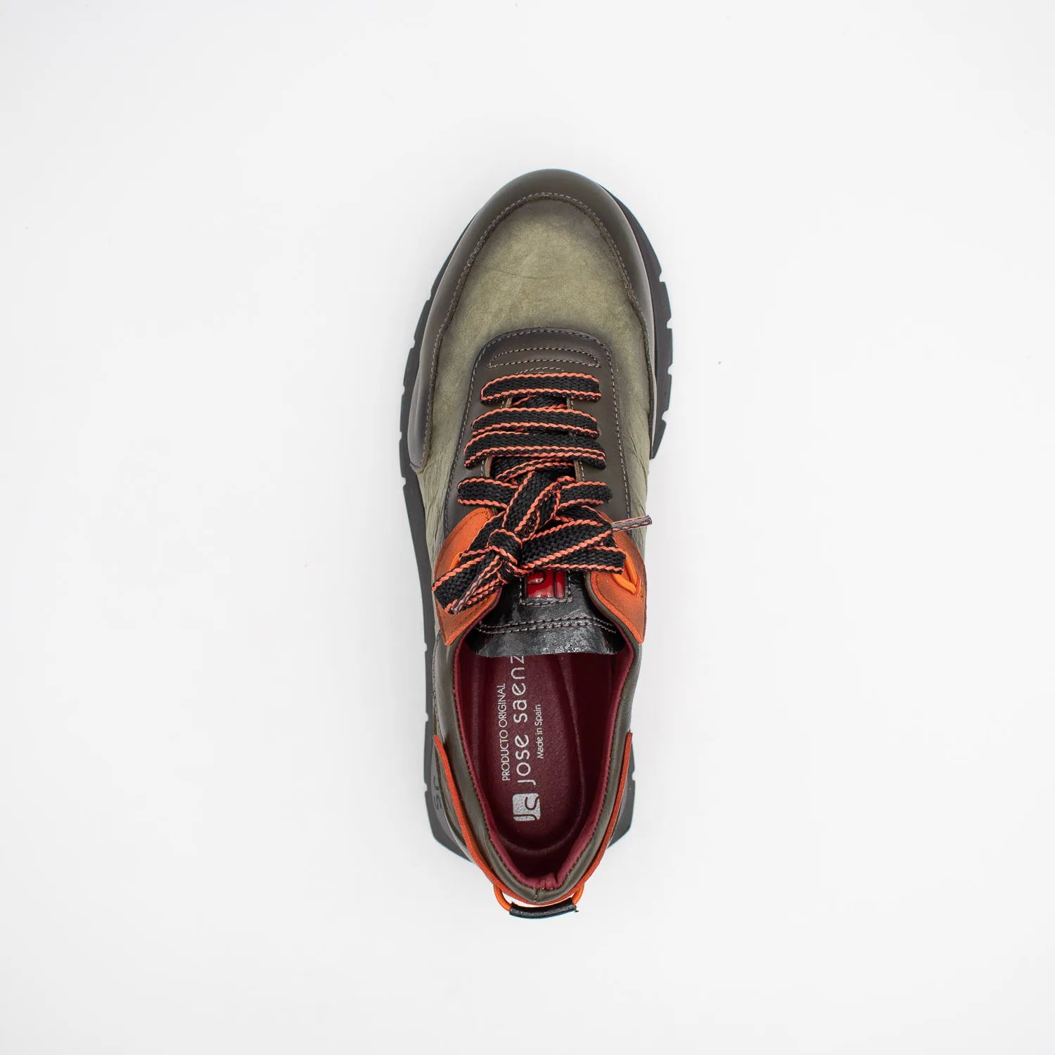 Jose Saenz Khaki Leather Platform Trainers with Orange Trim