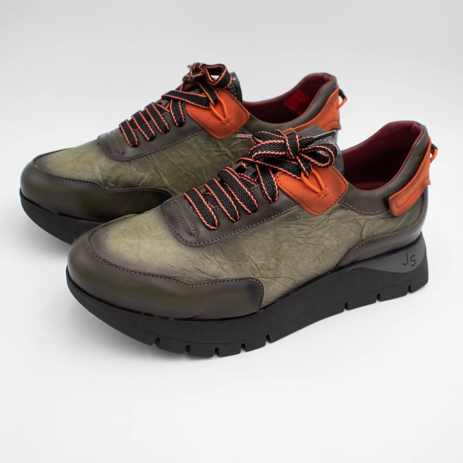 Jose Saenz Khaki Leather Platform Trainers with Orange Trim - Leavys Shoes