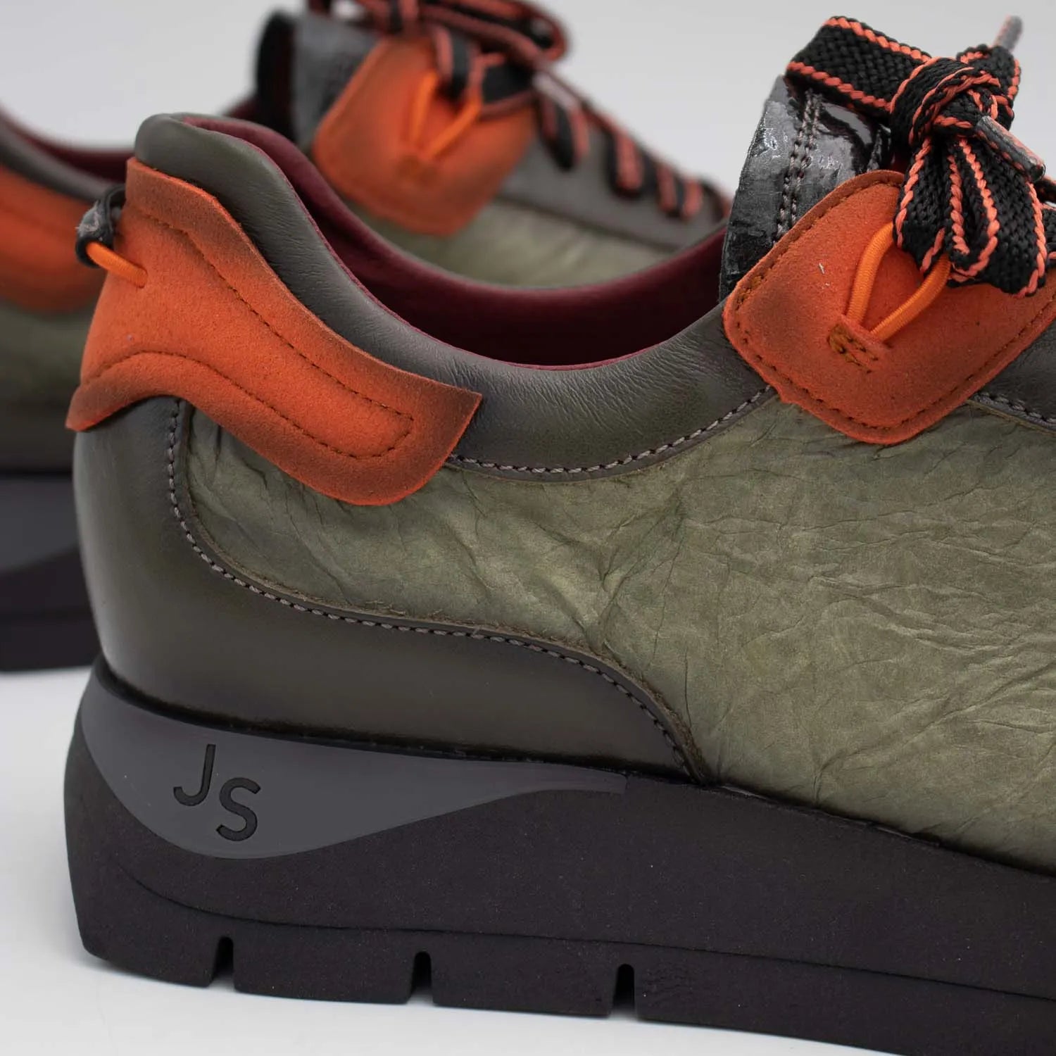 Jose Saenz Khaki Leather Platform Trainers with Orange Trim
