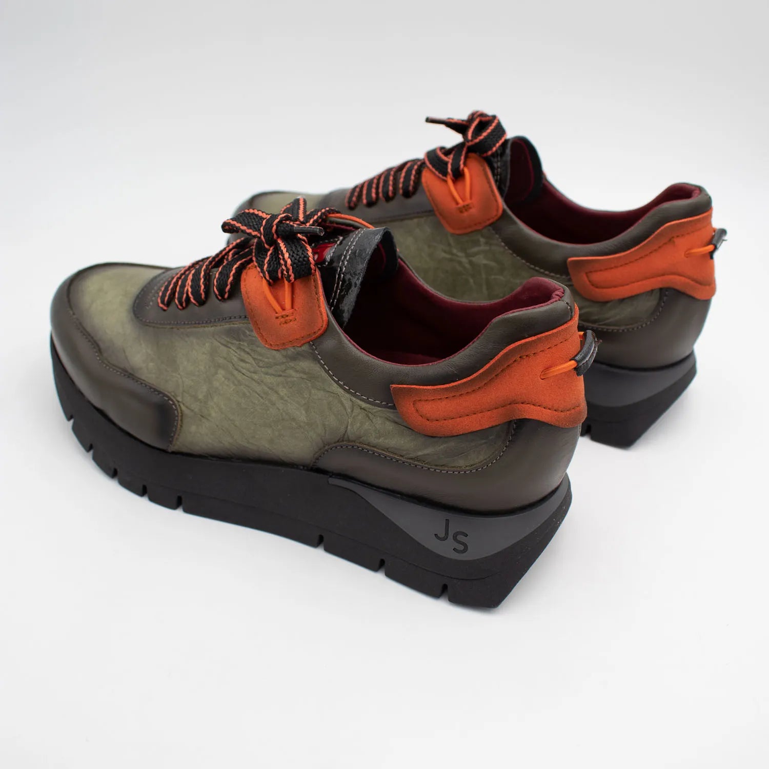 Jose Saenz Khaki Leather Platform Trainers with Orange Trim - Leavys Shoes