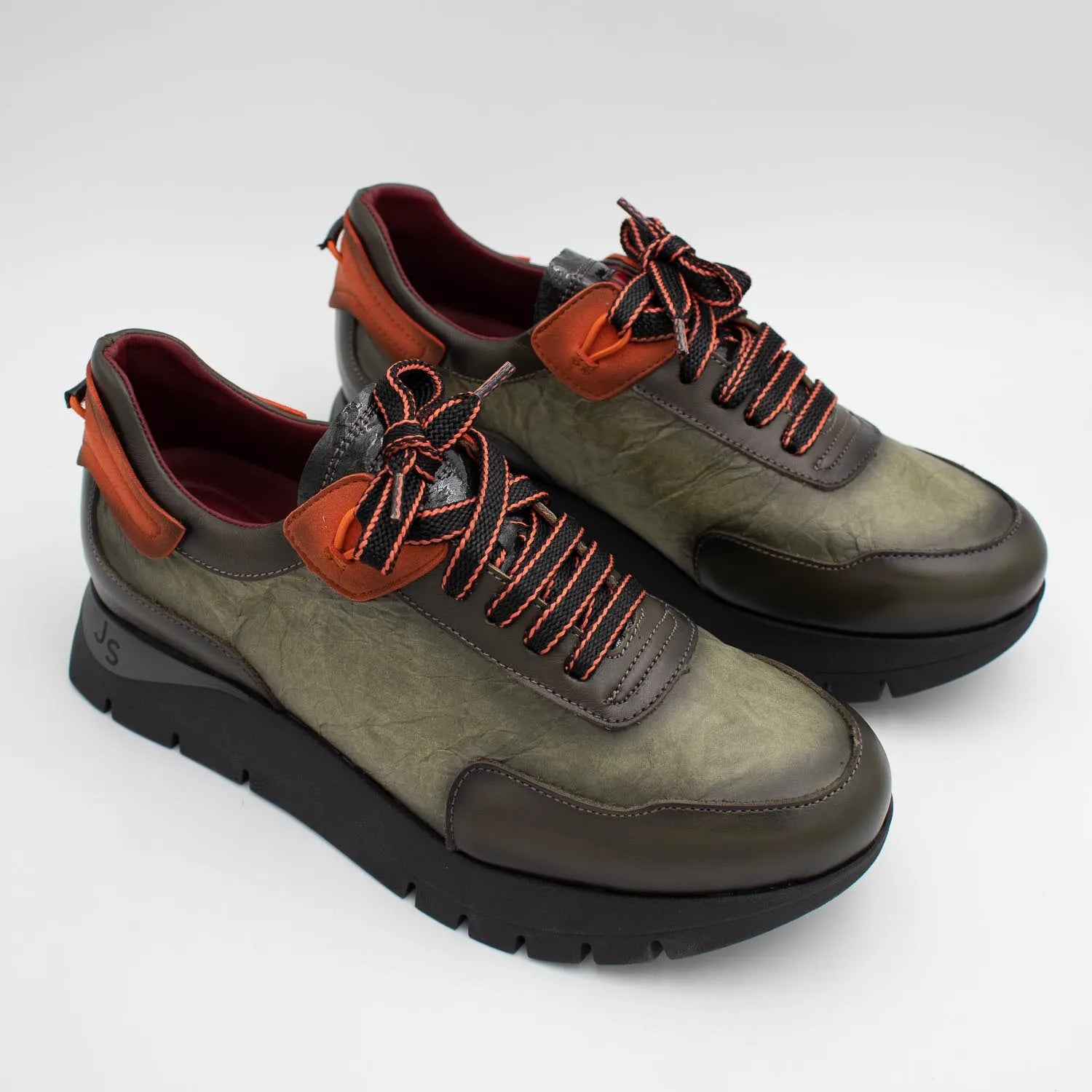 Jose Saenz Khaki Leather Platform Trainers with Orange Trim