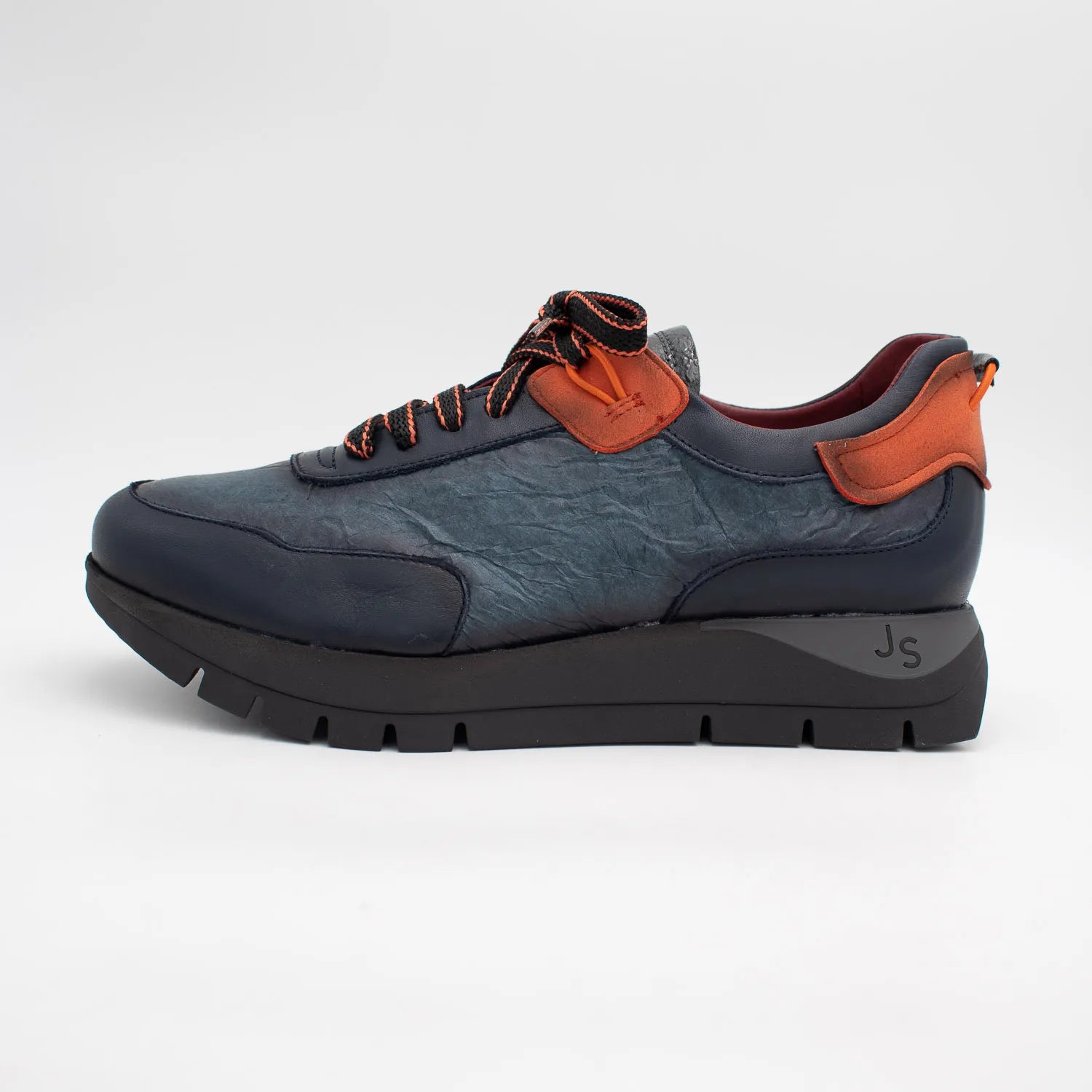 Jose Saenz Navy Leather Platform Trainers with Orange Trim