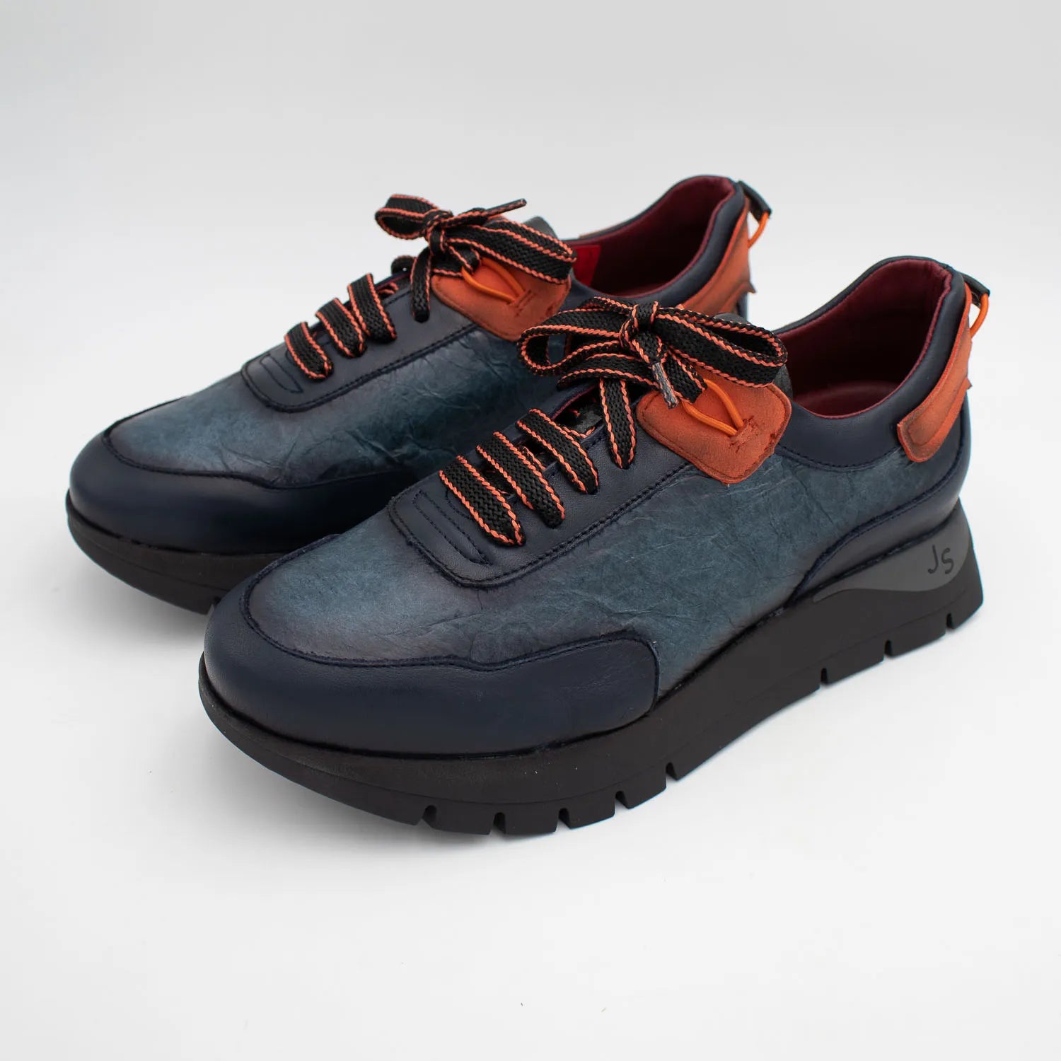 Jose Saenz Navy Leather Platform Trainers with Orange Trim