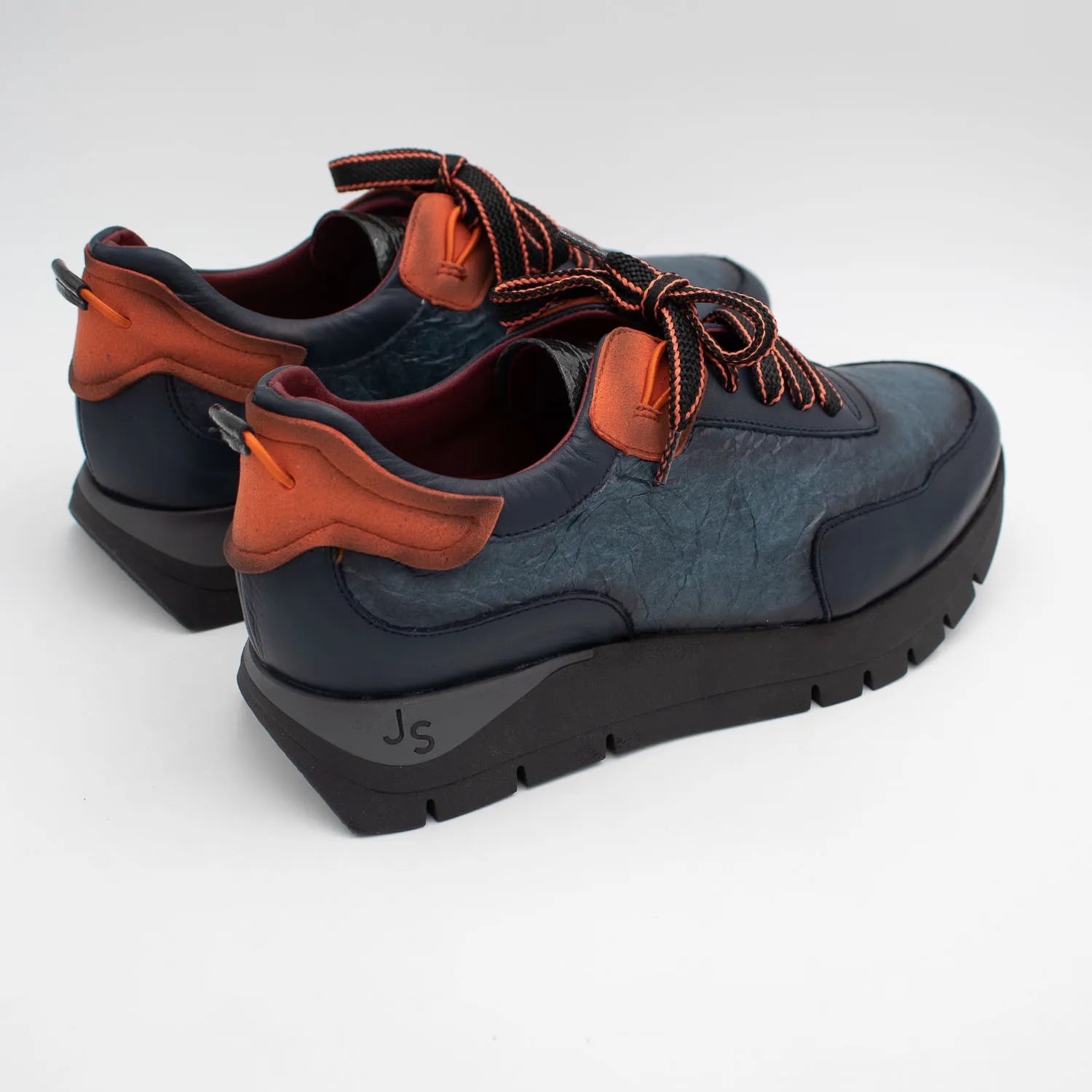 Jose Saenz Navy Leather Platform Trainers with Orange Trim