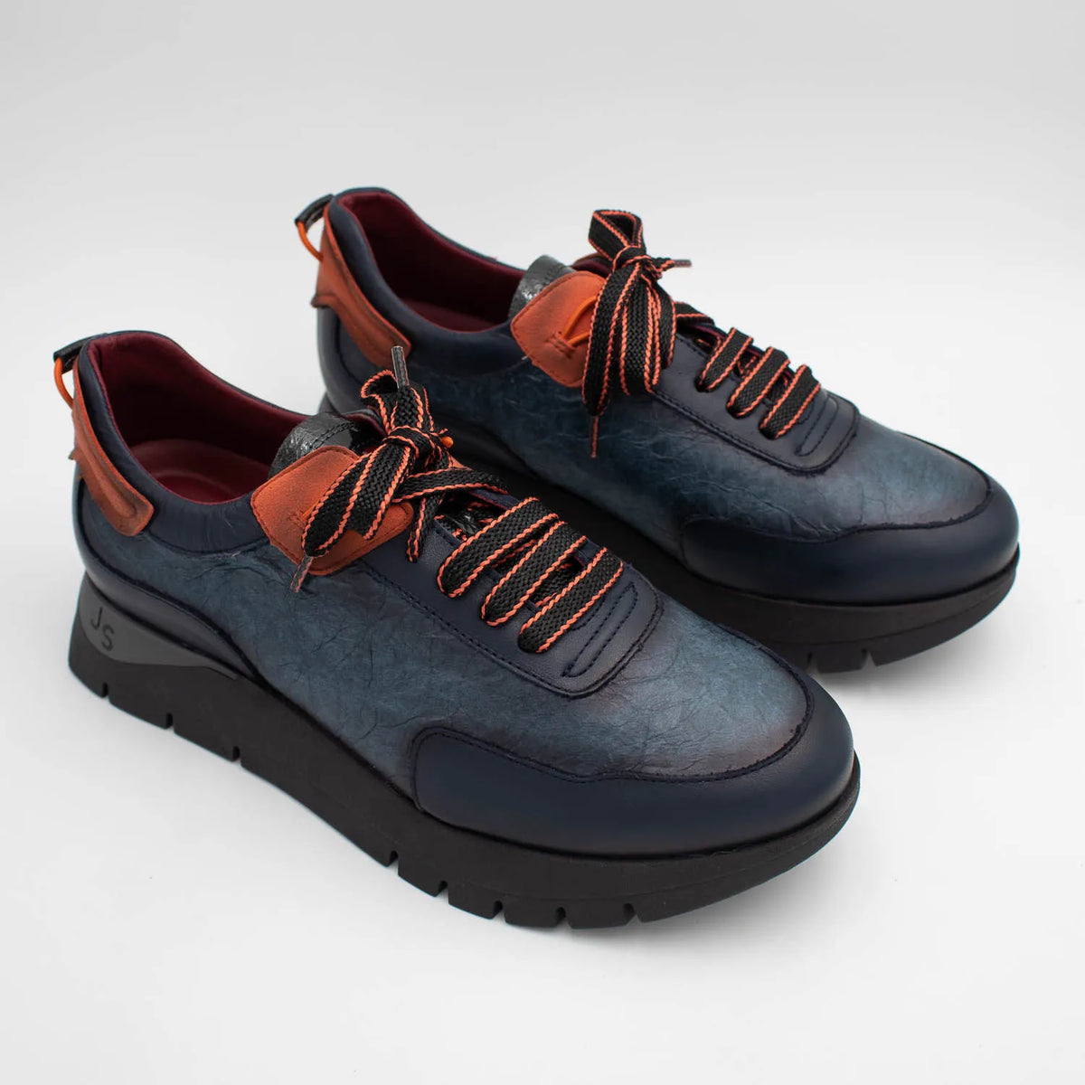Jose Saenz Navy Leather Platform Trainers with Orange Trim - Leavys Shoes