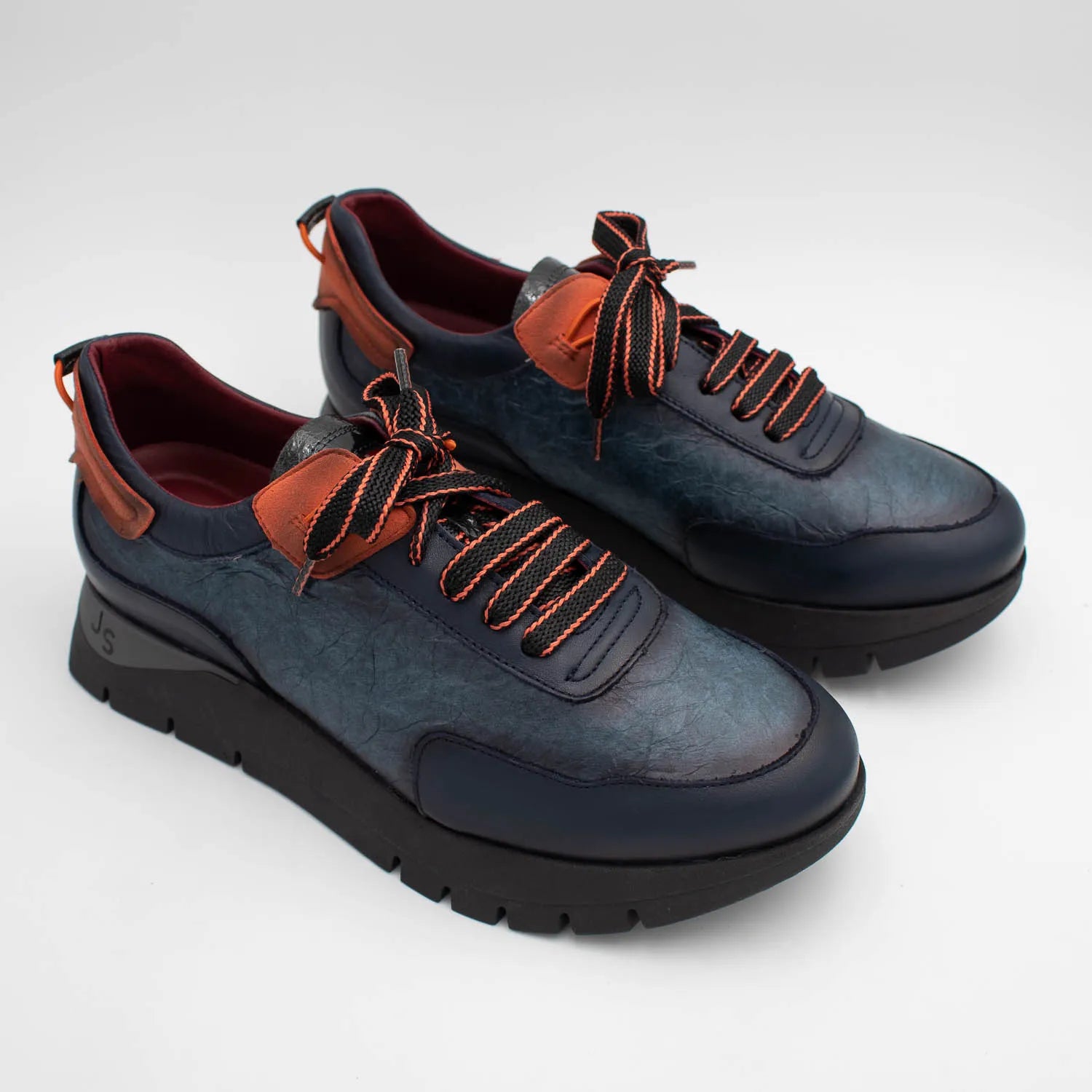 Jose Saenz Navy Leather Platform Trainers with Orange Trim