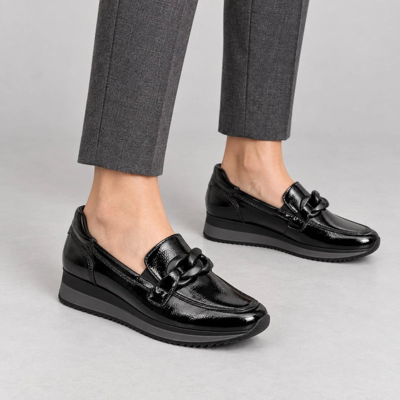 Jana black patent-effect wide-fit loafers with chain detail and a low wedge