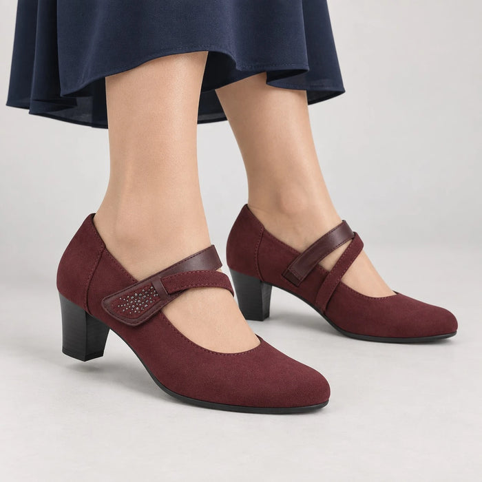 Jana Bordeaux Wide Fit Mary Jane Block Heel Shoes