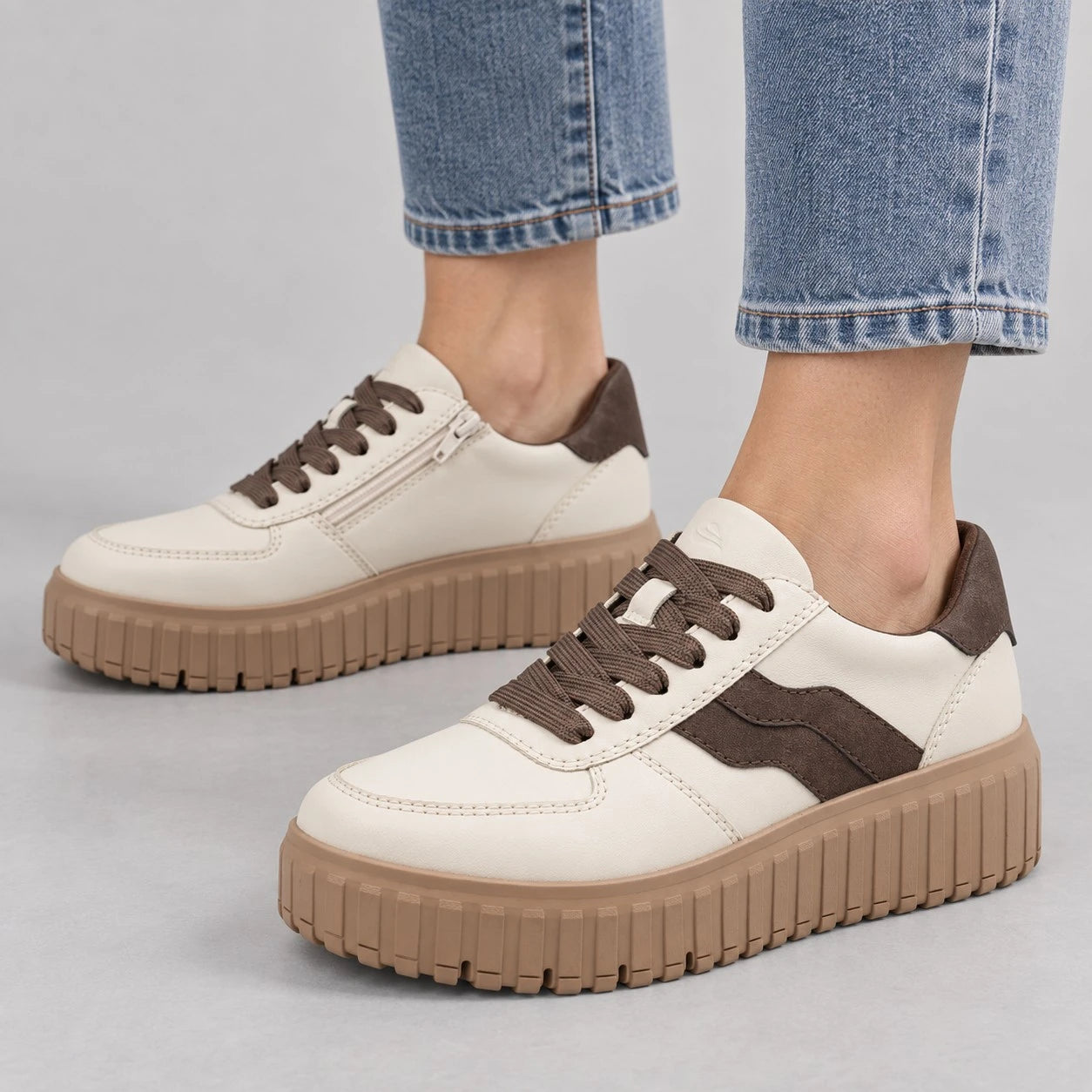 Jana Softline Beige Mocha Wide Fit Platform Trainers