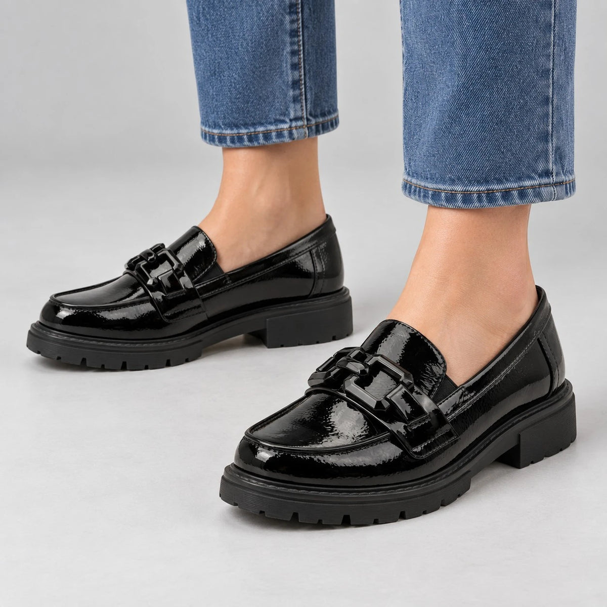 Jana Softline Black Patent Wide Fit Loafers