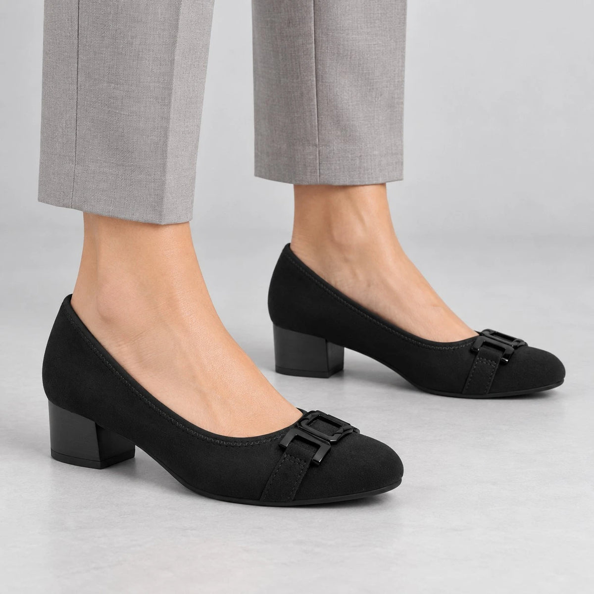 Jana Softline Black Wide Fit Block Heel Court Shoes