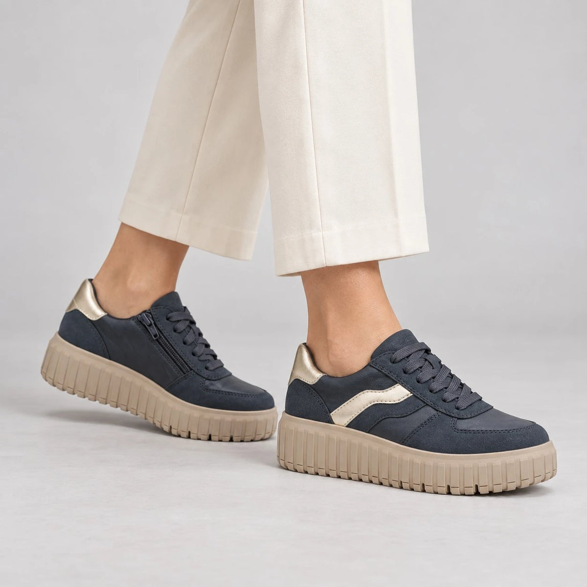 Jana Softline Navy Gold Wide Fit Platform Trainers