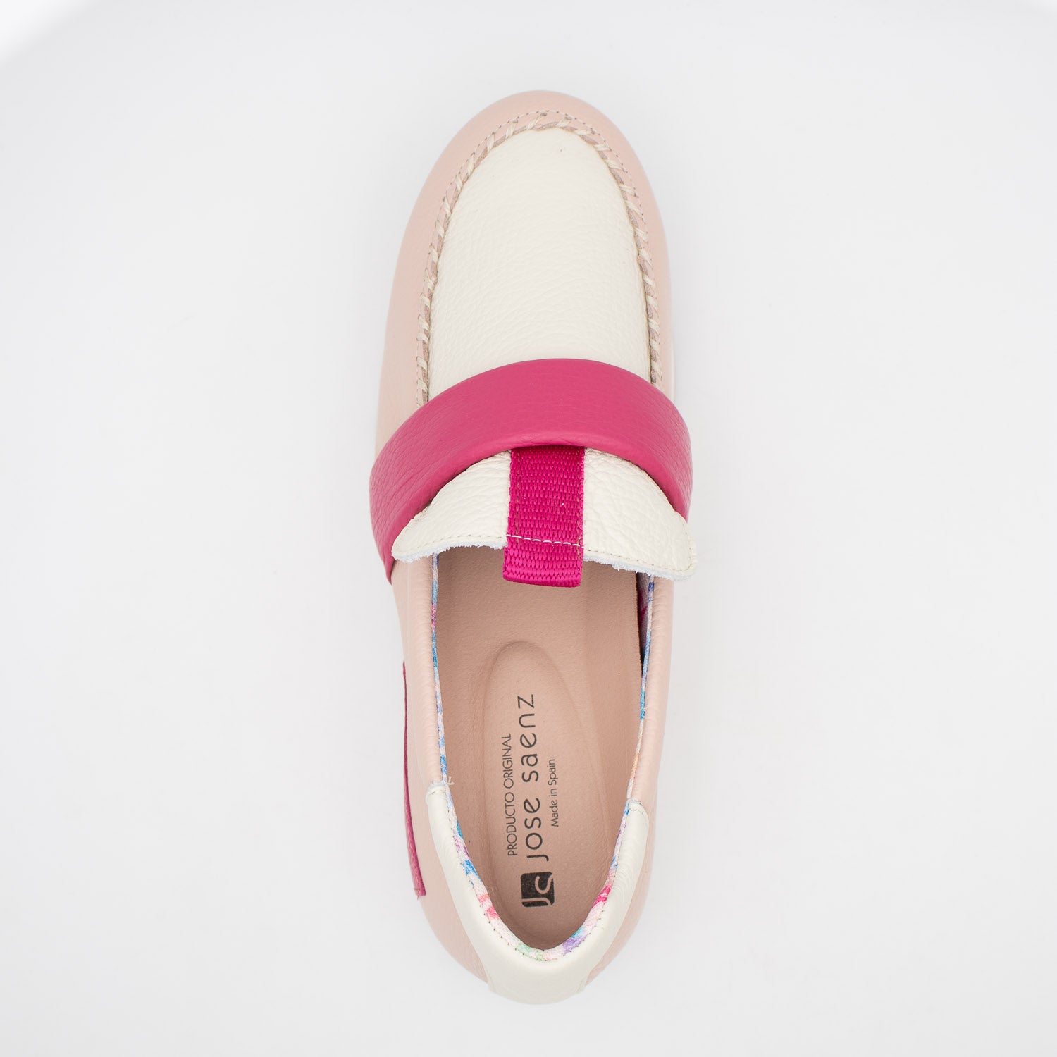 Jose Saenz Women’s Slip-On Moccasin – Off-White & Pink Elegance