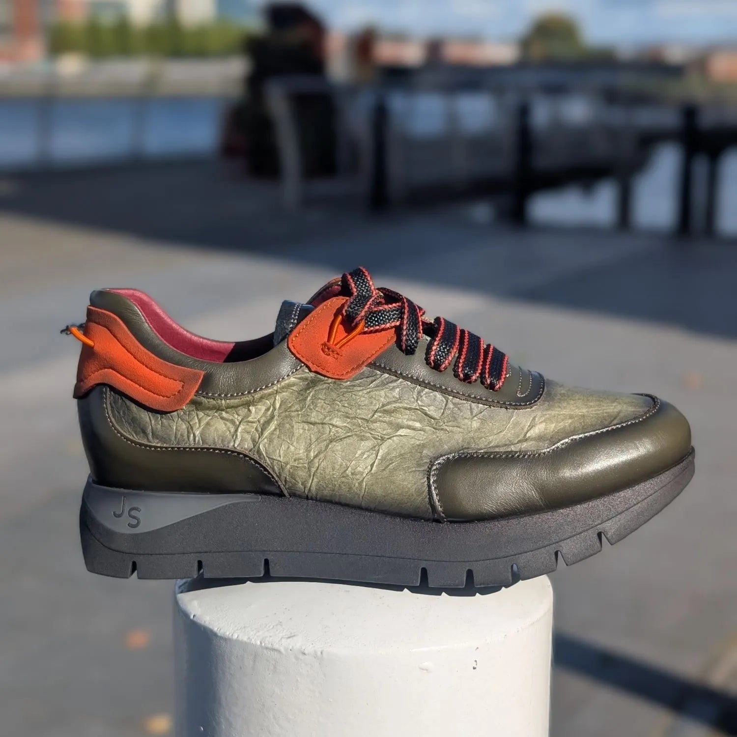 Jose Saenz Khaki Leather Platform Trainers with Orange Trim