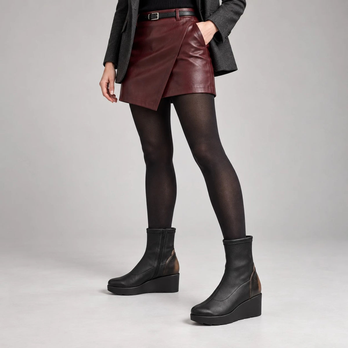 Jose Saenz Nieves Black Leather Stretch Wedge Ankle Boots
