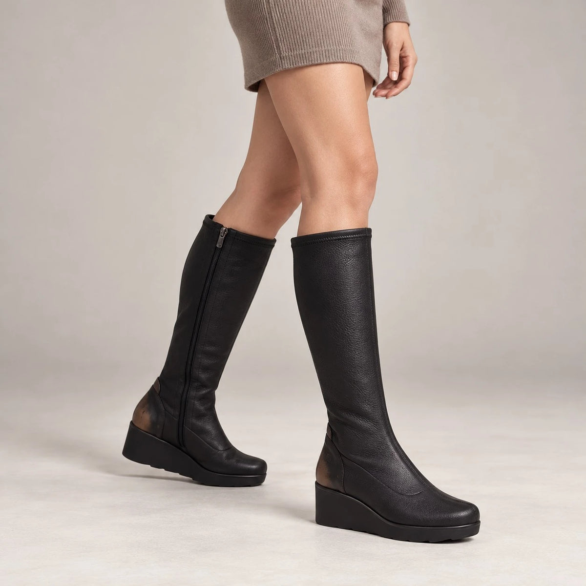 Jose Saenz Nieves Black Stretch Knee-High Wedge Boots