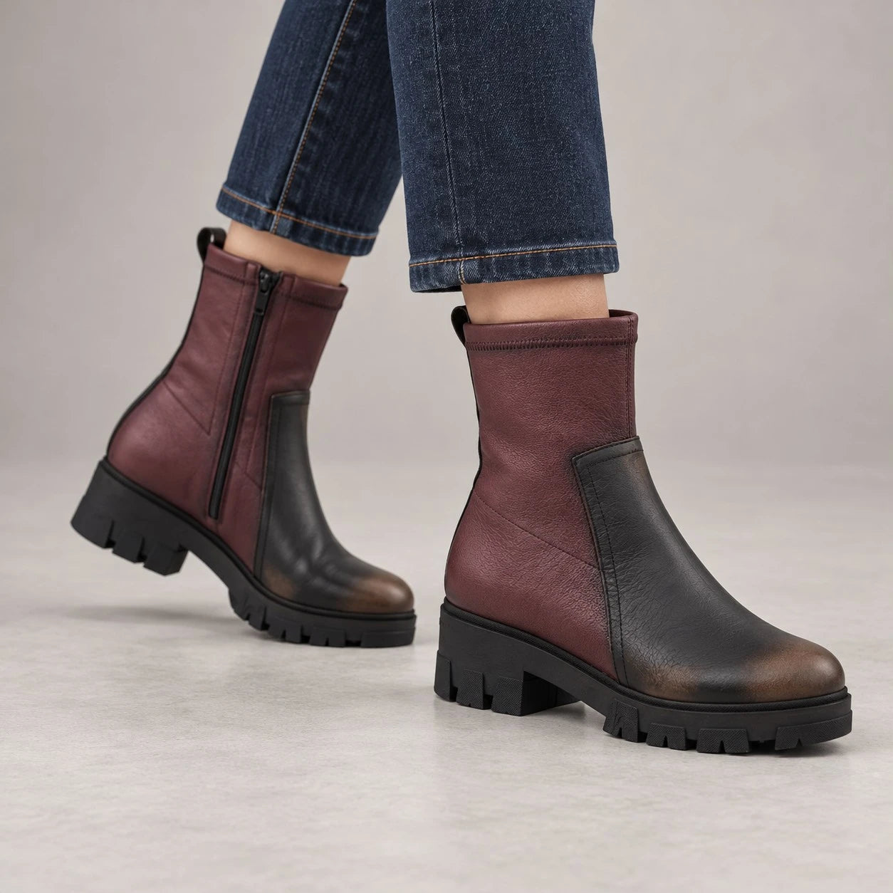 Jose Saenz Noelia Burgundy & Black Stretch Ankle Boots
