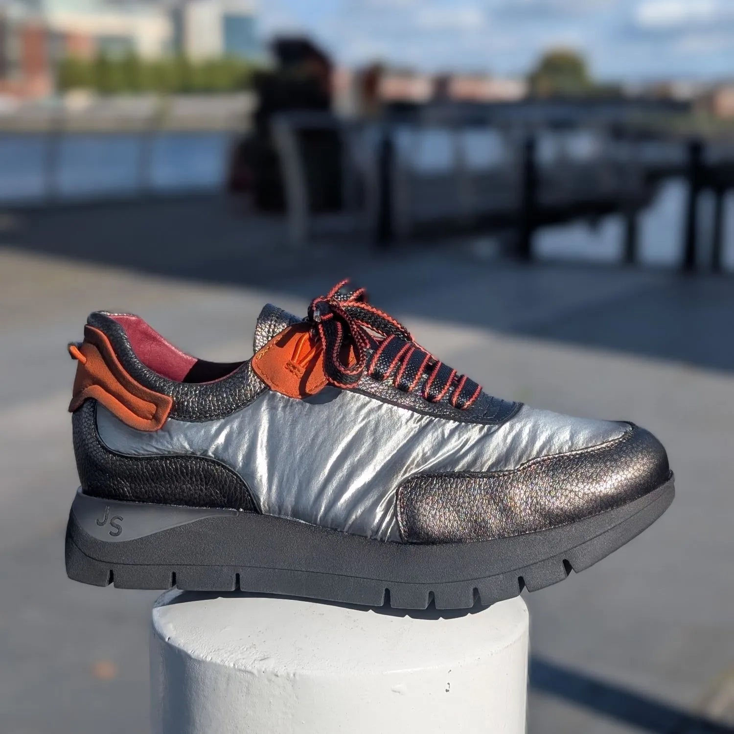 Jose Saenz Platinum & Gunmetal Platform Trainers with Orange Trim