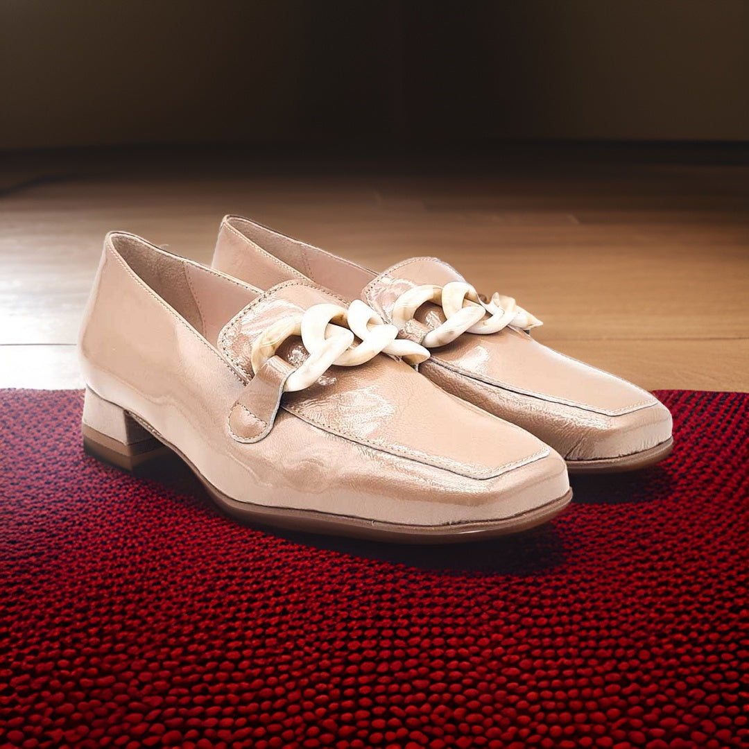 Jose Saenz Taupe Patent Leather Moccasin with Chain Detail