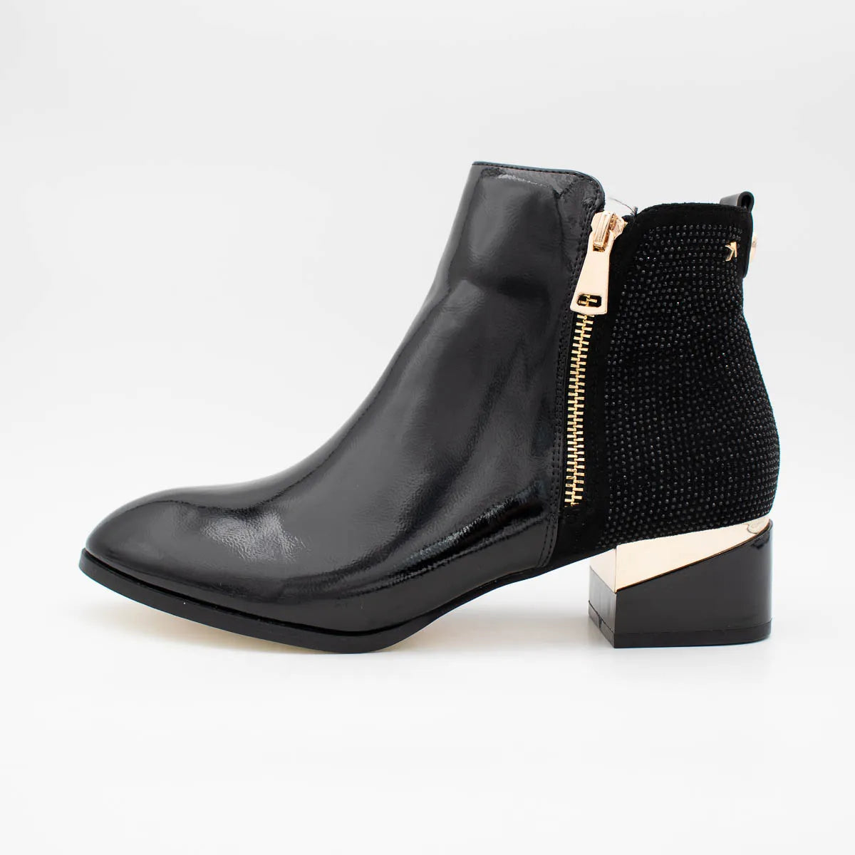 Kate Appleby Forfar Schwarz Patent Ankle Boots with Gold Zip - Leavys Shoes