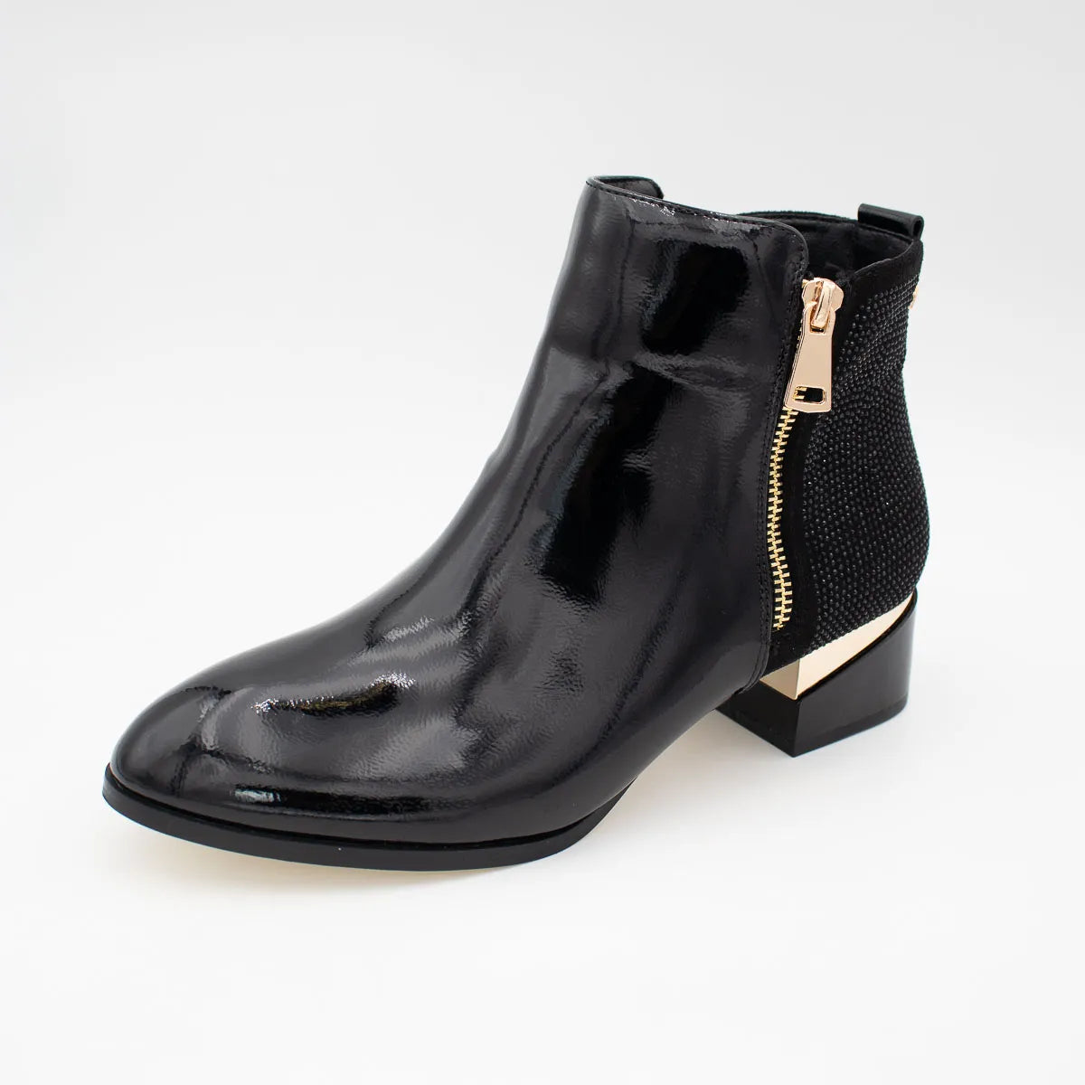 Kate Appleby Forfar Schwarz Patent Ankle Boots with Gold Zip - Leavys Shoes