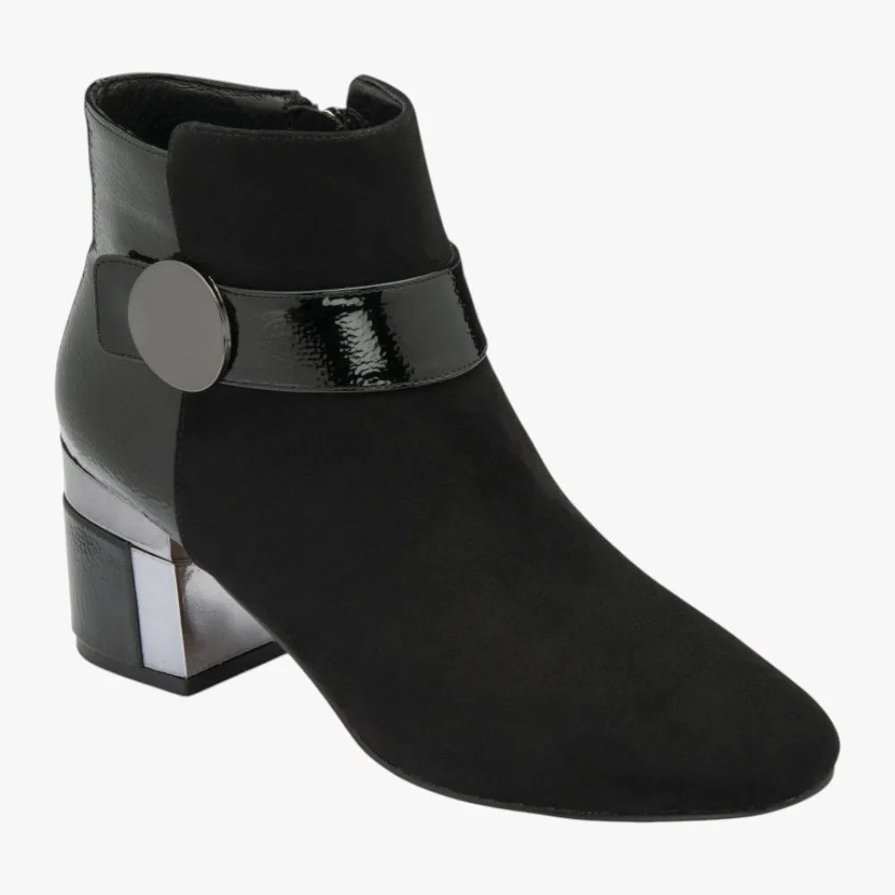 Lotus Kirsty Black Heeled Ankle Boots with Patent Strap - Leavys Shoes