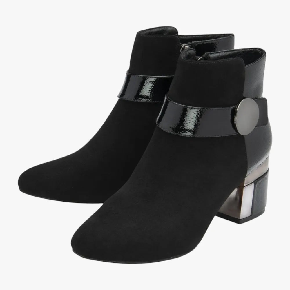 Lotus Kirsty Black Heeled Ankle Boots with Patent Strap - Leavys Shoes