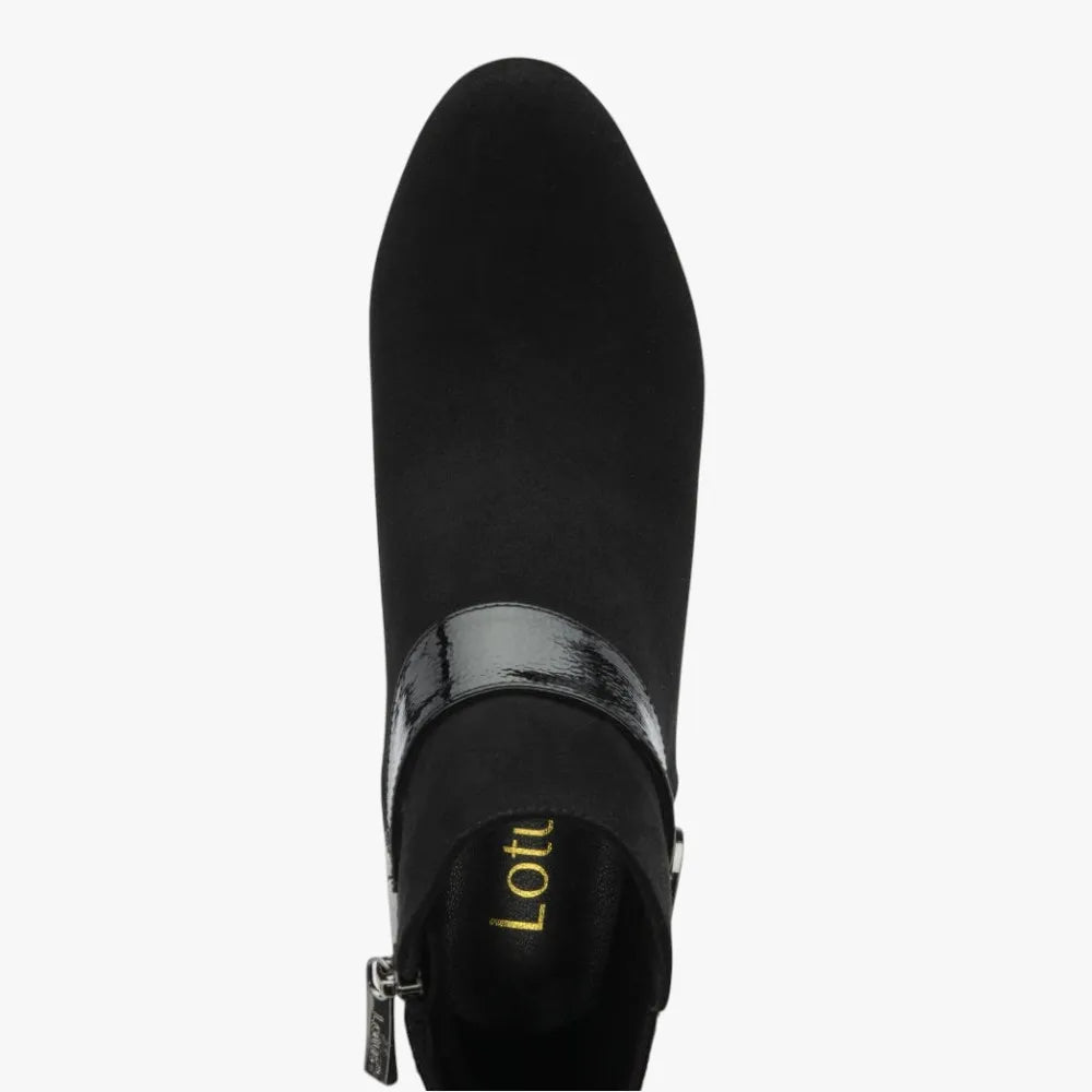 Lotus Kirsty Black Heeled Ankle Boots with Patent Strap - Leavys Shoes