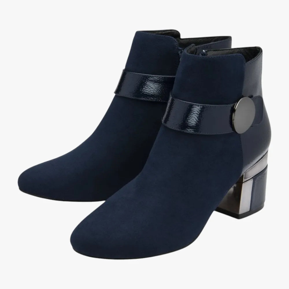 Lotus Kirsty Navy Heeled Ankle Boots with Gloss Strap - Leavys Shoes