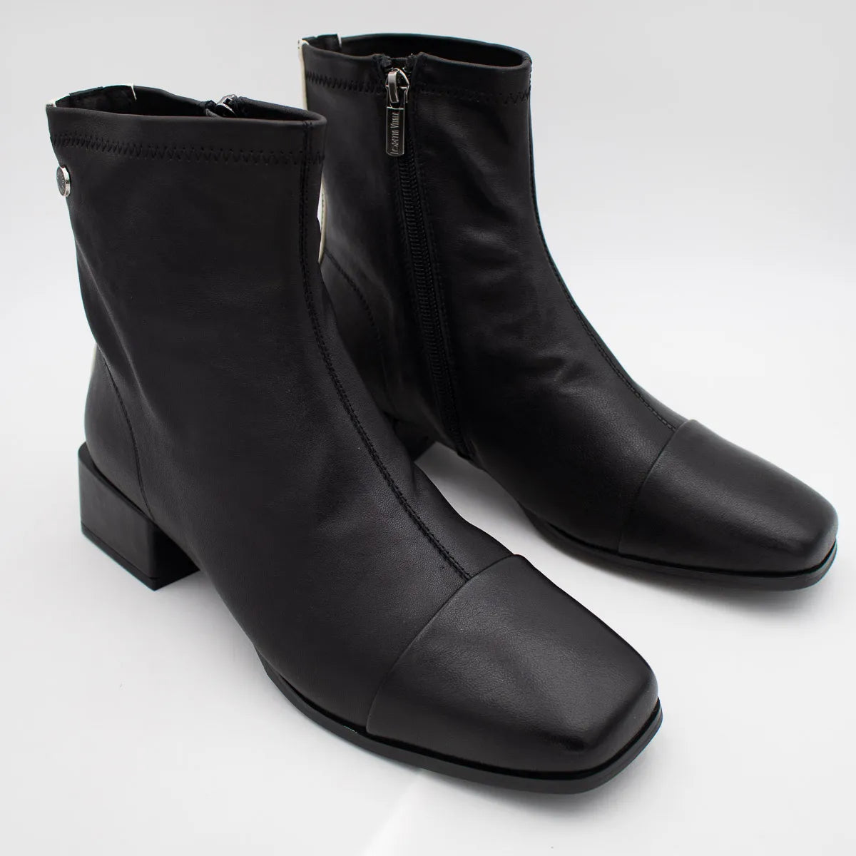 Loretta Vitale Black Leather Square Toe Ankle Boots
