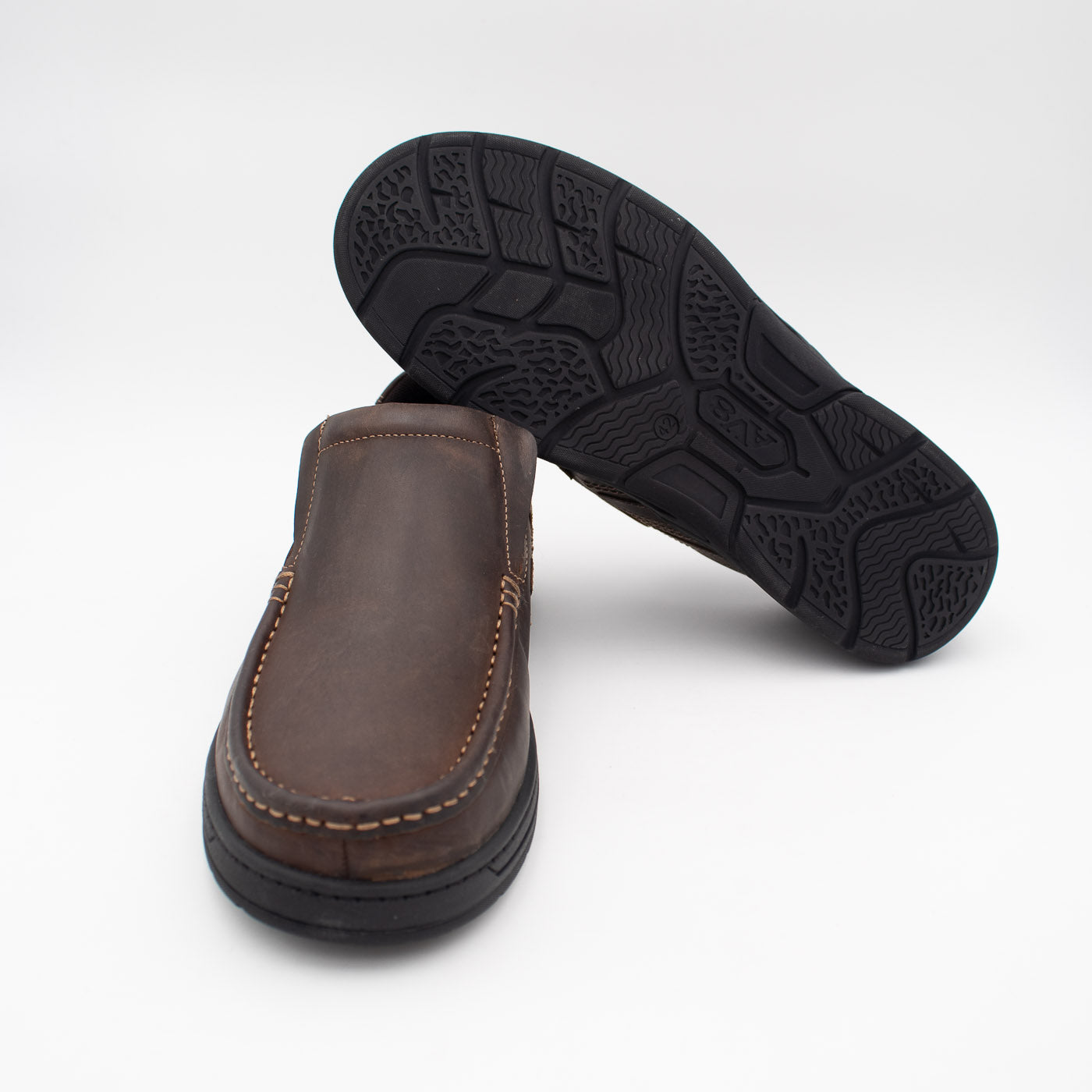 Detail of the durable sole of AV8 Kalvin Nubuck Slip-On shoe.
