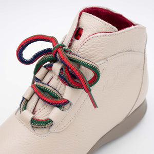 Detailed view of multicoloured laces.