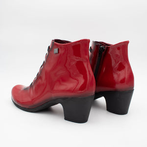 Rear and heel perspective of the radiant red ankle boot.