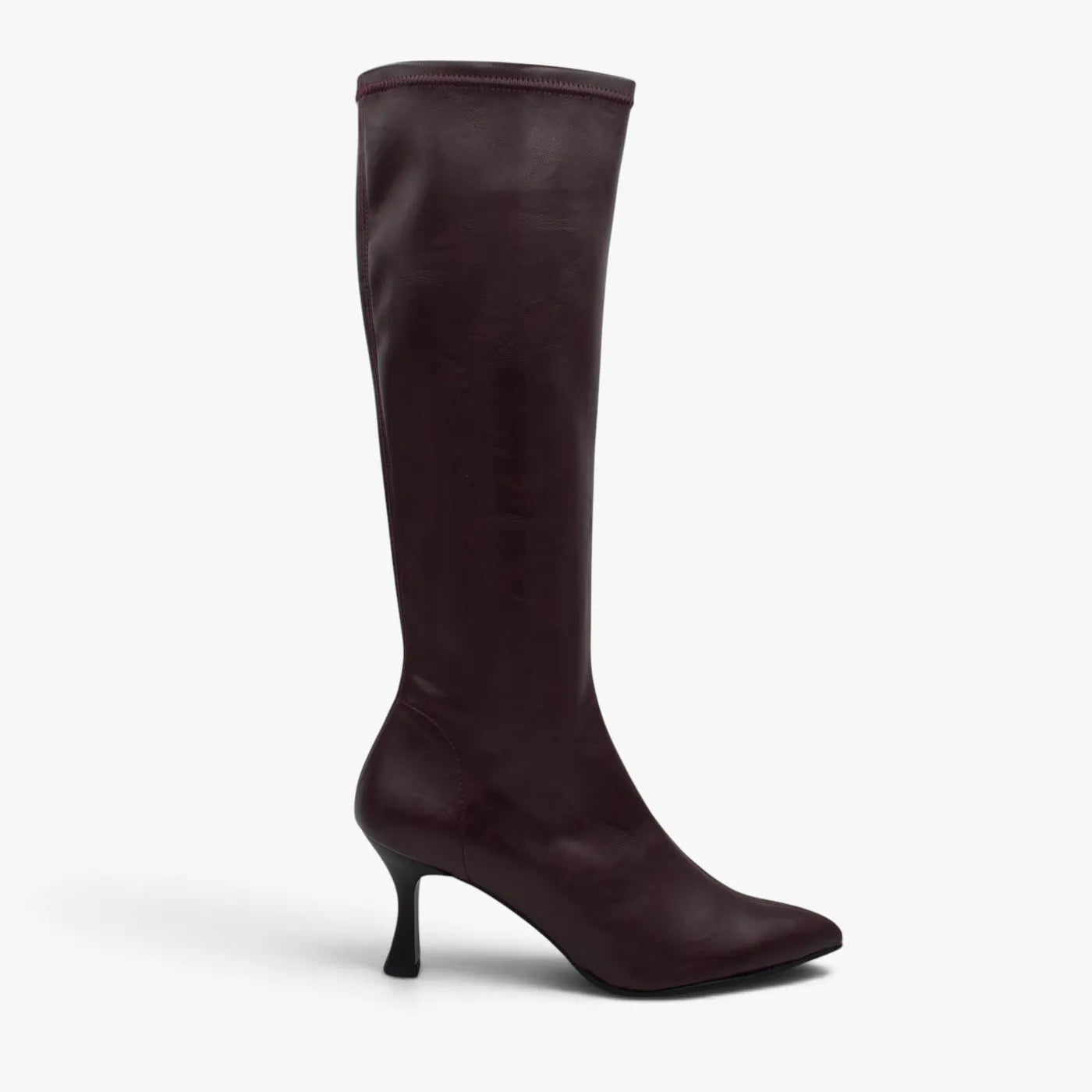 Side profile of the Miss Elastic Zeta burgundy stretch knee high boot and slim flared heel.