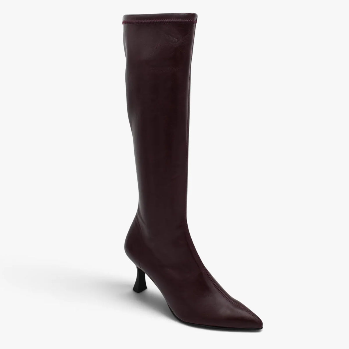 Miss Elastic Zeta burgundy knee high boot shown at a three-quarter angle, with a pointed toe and smooth finish.