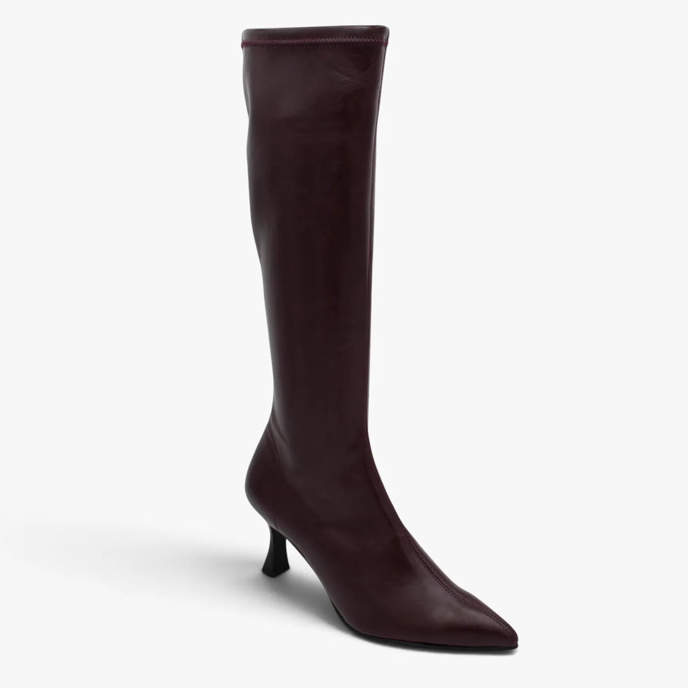 Miss Elastic Zeta burgundy knee high boot shown at a three-quarter angle, with a pointed toe and smooth finish.
