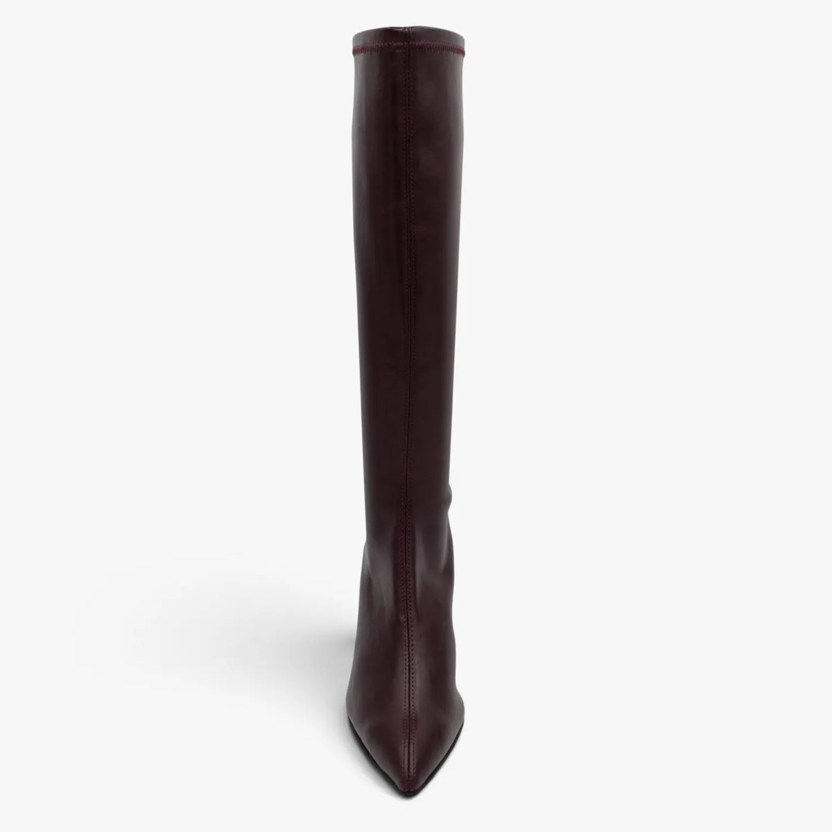 Front view of the Miss Elastic Zeta burgundy knee high boot, showing the long shaft and pointed toe.