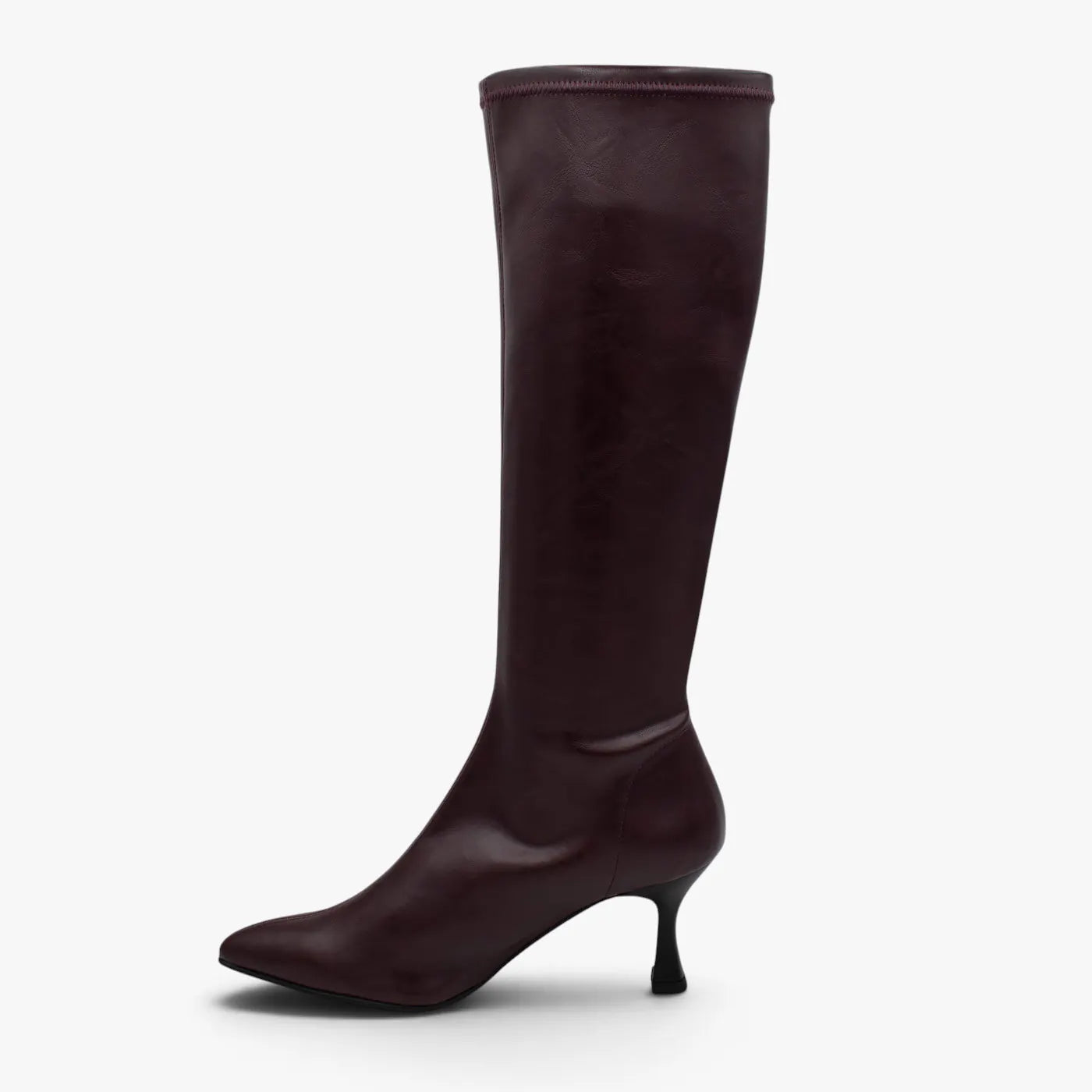 Opposite side profile of the Miss Elastic Zeta burgundy knee high boot.