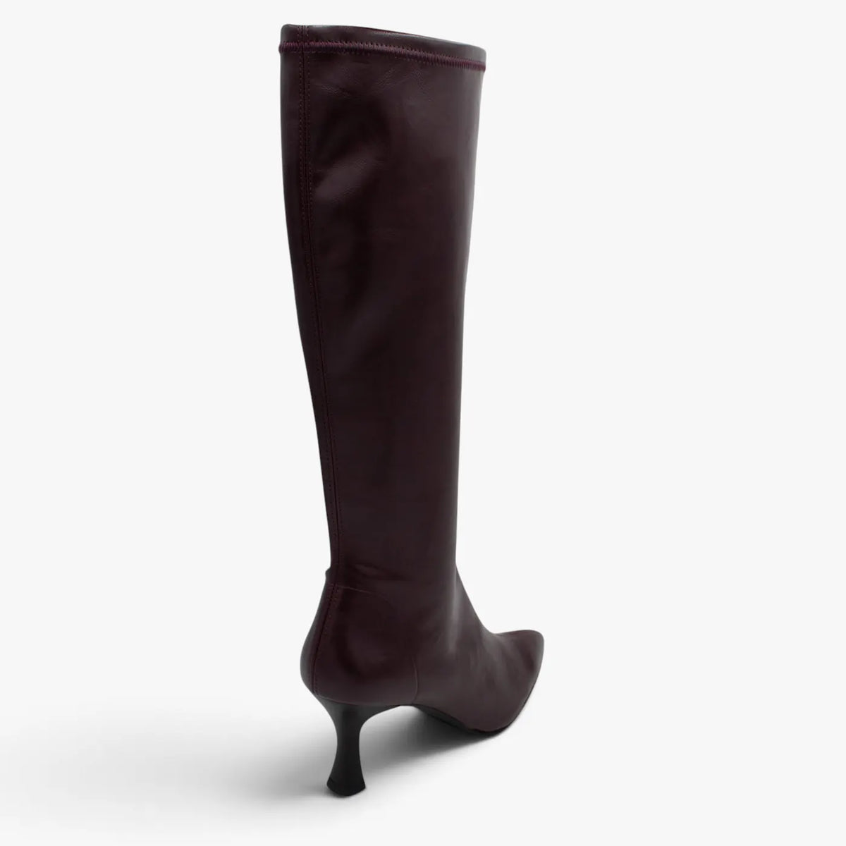 Rear view of the Miss Elastic Zeta burgundy knee high boot and fitted stretch shaft.